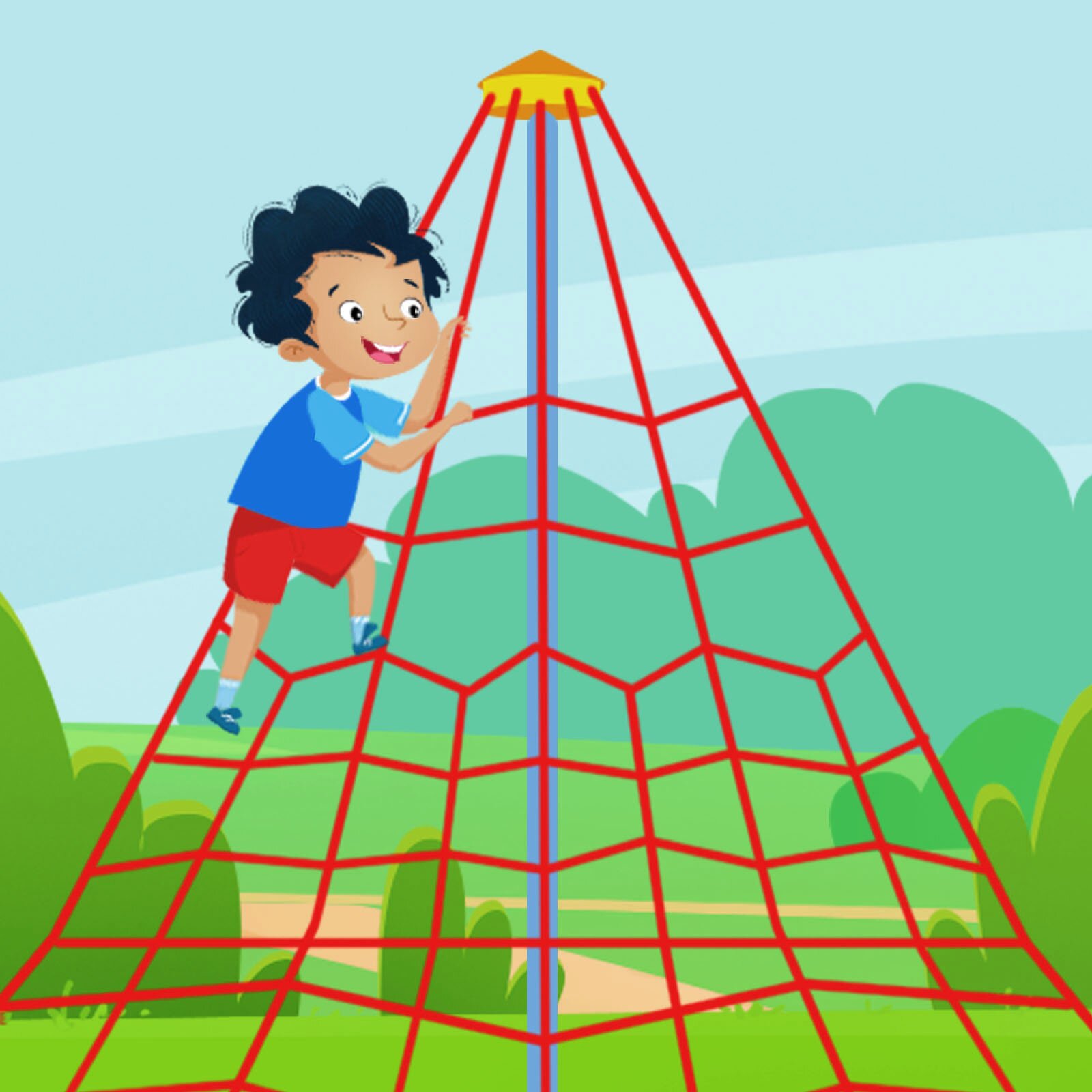 Ilustracja przedstawia chłopca, który wspina się na konstrukcję z lin na placu zabaw.