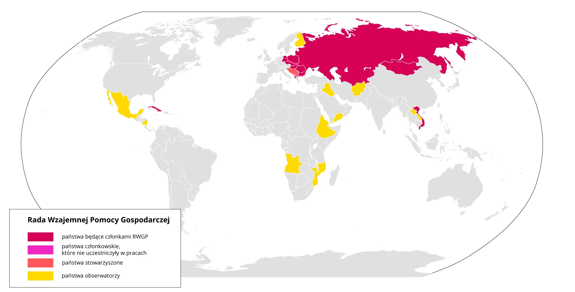 Mapa świata przedstawiająca Radę Wzajemnej Pomocy Gospodarczej. Państwa będące członkami RWGP to: NRD, Polska, Czechosłowacja, Rumunia, Węgry, Bułgaria, ZSRS, Mongolia, Kuba, Wietnam. Państwa członkowskie, które nie uczestniczyły w pracach: Albania. Państwa stowarzyszone: Jugosławia. Państwa obserwatorzy: Meksyk, Finlandia, Korea Północna, Irak, Angola, Nikaragua, Mozambik, Afganistan, Etiopia, Laos, Jemen.