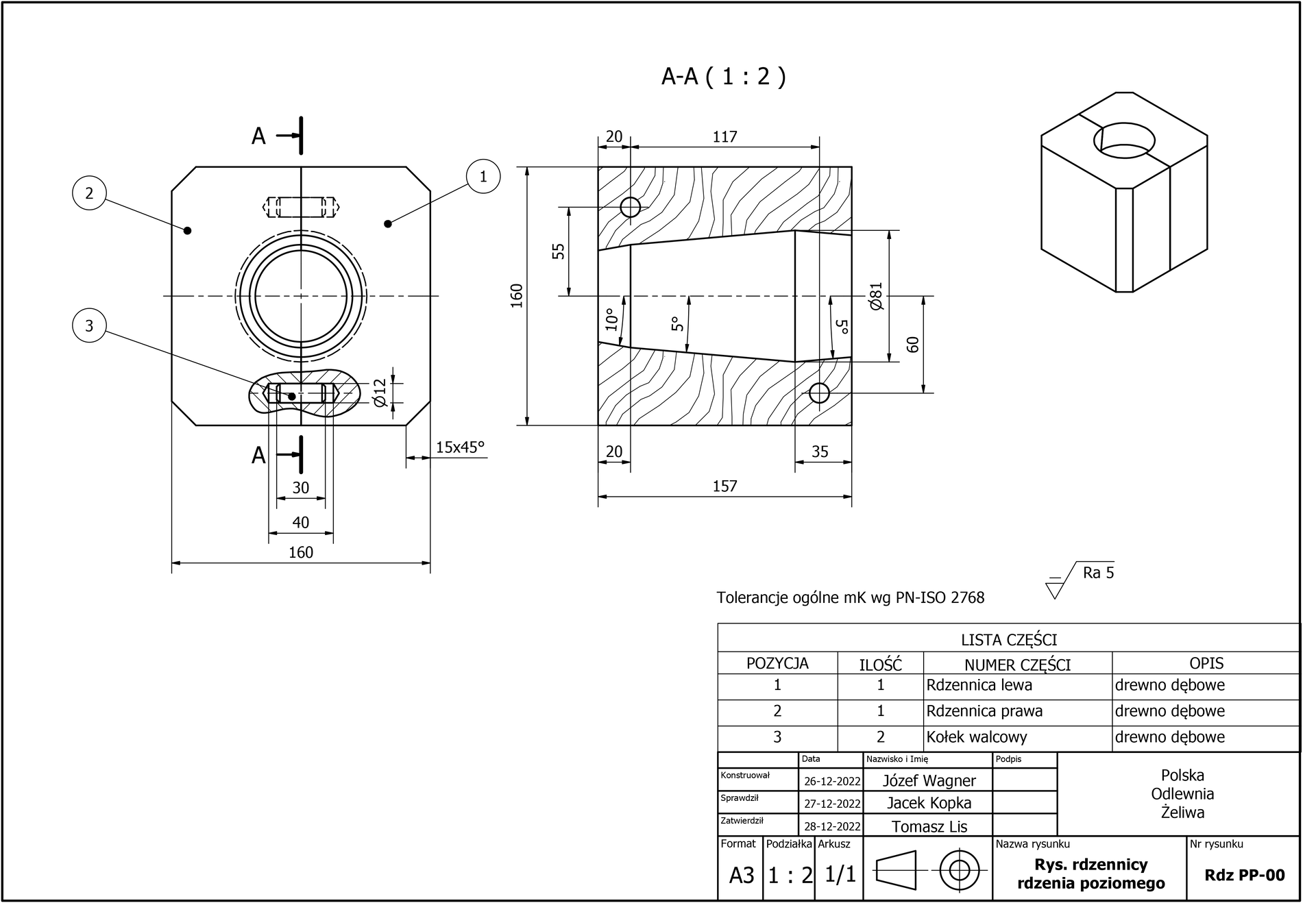 Rysunek siedemnasty. Rysunek przedstawia rdzennicę dla rdzenia poziomego. Zaprezentowano rzut od góry oraz przekrój boczny, a także uproszczony model trzy D elementu. W rzucie od góry rdzennica to ośmiokąt z naprzemiennie rozmieszczonymi bokami dłuższymi i krótszymi. Dłuższe zorientowane są poziomo i pionowo i są względem siebie odpowiednio równoległe. W środku wydrążone jest koło przez którego środek przechodzi pozioma przerywana linia składająca się z naprzemiennie rozmieszczonych kresek i kropek. Pionowa linia jest ciągła od górnego boku do dołu i od dolnego – do góry, zaś na środku jest przerywana we wnętrzu wspomnianego koła. Na środku boków zorientowanych poziomo znajdują się odpowiednio tuż nad górnym i tuż pod dolnym pogrubione pionowe kreski. Poprowadzono do nich strzałki od dużych liter A od lewej do prawej strony. Prawą część pola ośmiokąta oznaczono jako rdzennicę lewą. Zaś lewą część figury jako rdzennicę prawą. Poniżej koła znajdującego się w środku ośmiokąta znajduje się kołek walcowy. Jego średnica wynosi dwanaście. Jest on zorientowany poziomo. Po prawej stronie znajduje się przekrój boczny. Oznaczony jest A‑A nawias jeden do dwóch zamknięcie nawiasu. Stanowi go prostokąt o bokach zorientowanych pionowo o długości sto sześćdziesiąt i bokach znajdujących się w poziomie o długości sto pięćdziesiąt siedem. Poziomo poprowadzona jest przerywana linia składająca się z naprzemiennie rozmieszczonych kresek i kropek. Od lewej strony przekroju we wnętrzu prostokąta znajduje się trapez równoramienny. Jego krótsza podstawa pokrywa się ze wspomnianym bokiem prostokąta. Wysokość trapezu jest równa dwadzieścia. Zaznaczono kąt nachylenia równy dziesięć stopni. Z kolei dłuższa podstawa trapezu jest jednocześnie krótszą podstawą kolejnego trapezu równoramiennego o długości równej sto siedemnaście. Zaznaczono również kąt nachylenia równy pięć stopni. Dłuższa podstawa trapezu jest równocześnie dłuższą podstawą trzeciego ostatniego trapezu. Jej długość wyznacza średnicę równą osiemdziesiąt jeden. Wysokość ostatniego trapezu wynosi trzydzieści pięć. Kąt nachylenia jest równy pięć stopni. Krótsza podstawa trapezu leży na prawym boku prostokąta. W lewym górnym boku oraz w prawym dolnym boku znajdują się koła. Są one przekrojem poprzecznym kołków walcowatych. Przy czym środek pierwszego z nich, lewego, znajduje się w odległości wynoszącej pięćdziesiąt pięć poprowadzonej pod kątem prostym od poziomej linii przeprowadzonej przez środek prostokąta. Analogiczną odległość poprowadzono od środka prawego kołka do wspomnianej linii i wynosi ona sześćdziesiąt. W prawym górnym rogu przedstawiony jest uproszczony model trzy D, stanowi go bryła. Składa się ona z dwóch części. Lewej i prawej. Podstawę bryły stanowi ośmiokąt naprzemiennie rozmieszczonych dłuższych i krótszych bokach. Ściany boczne to prostokąty. W podstawach na całej wysokości bryły wydrążony jest środek, którego średnica zmienia się wraz ze zmianą wysokości. W prawym dolnym rogu znajdują się dane. Lista części, w tym materiał (tutaj drewno) oraz numery części (tutaj rdzennica lewa, rdzennica prawa oraz kołek walcowy). Dalej Polska Odlewnia Żeliwa. Zamieszczono także: datę, imiona i nazwiska konstruktora, osoby sprawdzającej i zatwierdzającej. Format, podziałkę, materiał, numer normy, masę, nazwę rysunku złożeniowego, numer rysunku złożeniowego, numer rysunku części i pozycję.