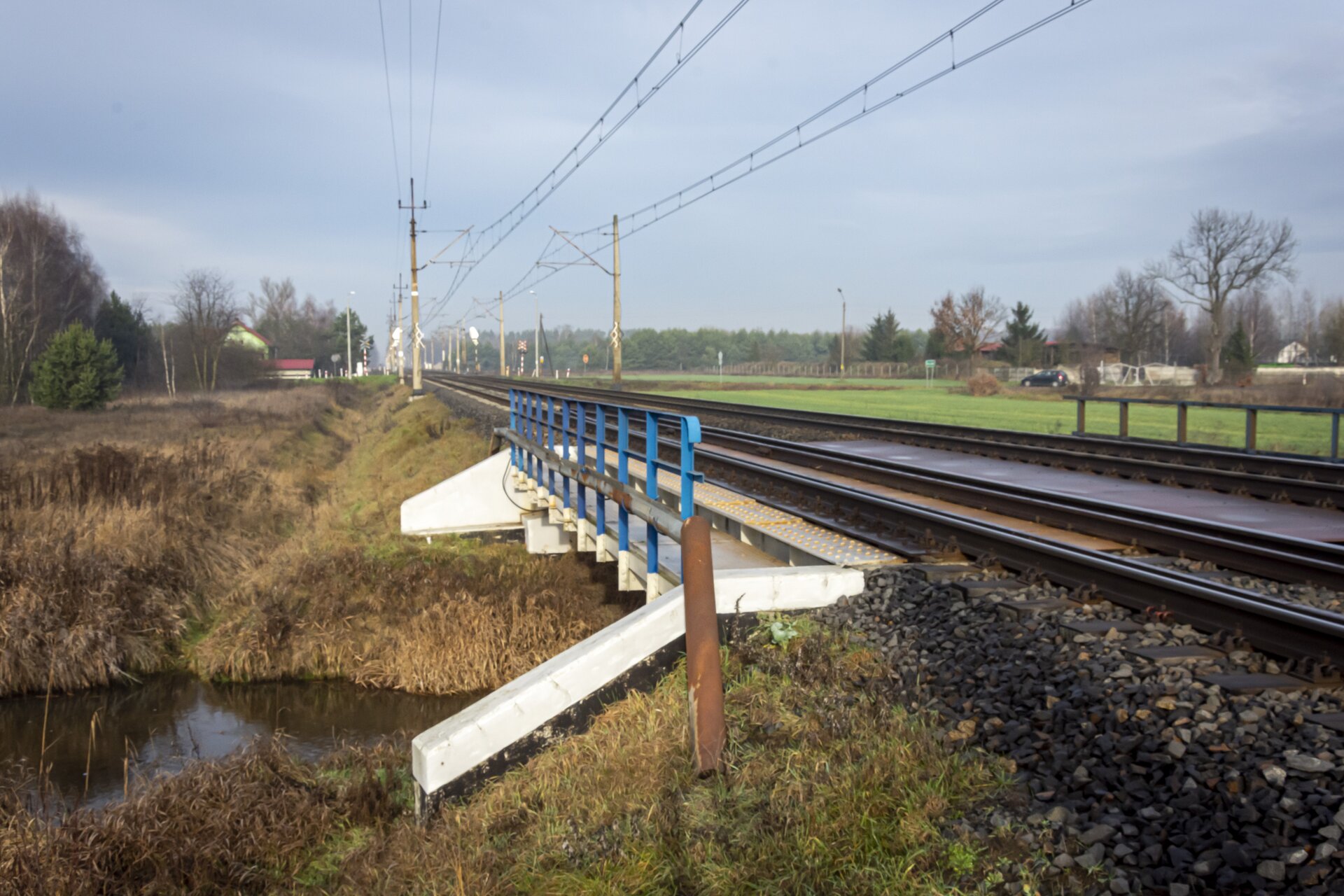 Ilustracja przedstawia most belkowy nad rzeką. Konstrukcja mostu składa się z dwóch belek, które są połączone za pomocą płatwi. Most nie jest zbyt wysoki i rozciąga się nad rzeką. Na moście znajduje się niebieska barierka, a obok mostu widoczny jest słup elektryczny. W tle widać również drzewa oraz niebo. Most belkowy służy do przeprawy pociągu przez rzekę.