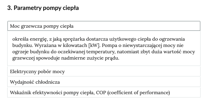 Zdjęcie przedstawia tabelę zatytułowaną "parametry pompy ciepła". Poniżej znajdują się cztery zakładki, jedna z nich jest rozwinięta. Nosi tytuł "moc grzewcza pompy ciepła", niżej znajduje się opis punktu.