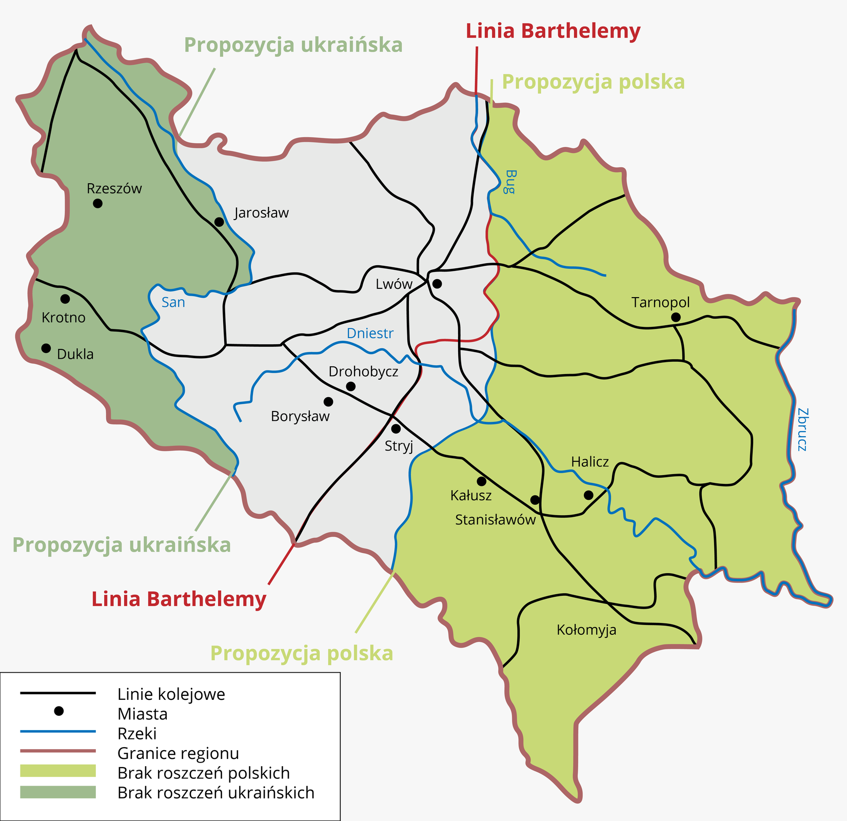 Ilustracja przedstawia mapę z propozycjami granic. Propozycja Polska oddawała Ukrainie tereny Tarnopola, Halicza, Kałusza, Stanisławowa, Kołomyji. Propozycja ukraińska przyłączała do Ukrainy tereny Lwowa, Drohobycza, Borysława, Stryja, Tarnopola, Halicza, Kałusza, Stanisławowa, Kołomyji. Po stronie polskiej miał zostać Rzeszów, Krosno, Dukla i Jarosław. Linia Barthelemy Ukrainie oddawała ziemie Tarnopola, Stryja, Halicza, Kałusza, Stanisławowa i Kołomyji a Polsce tereny Lwowa, Drohobycza, Borysława, Dukli, Krosna, Rzeszowa, Jarosławia.