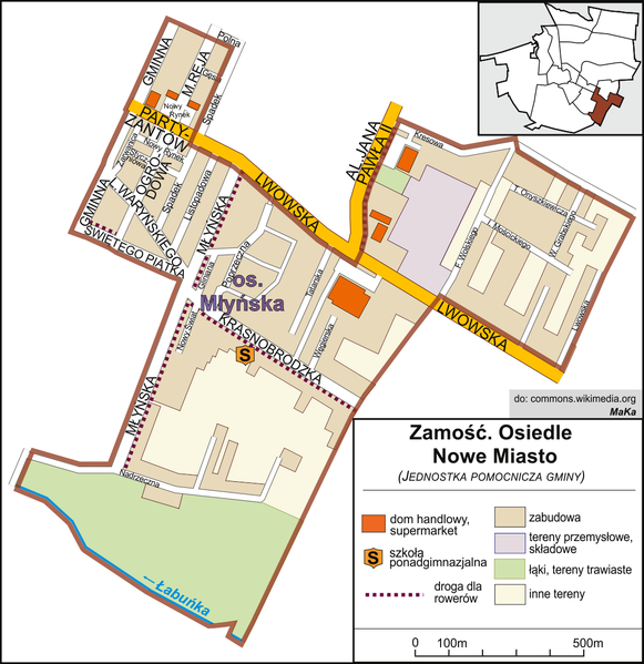 Grafika przedstawia plan Zamościa, osiedle Nowe Miasto. Dzielnica znajduje się w południowo-zachodniej części miasta. Na mapie znajduje się ulica Lwowska, Aleja Jana Pawła II, ulica Krasnobrodzka, ulica Młyńska, ulica Świętego Piątka, ul. Młynna, ul. Partyzantów, ul. Mikołaja Reja i kilka mniejszych. Na mapie znajdują się zabudowania, tereny przemysłowe, łąki i tereny trawiaste.