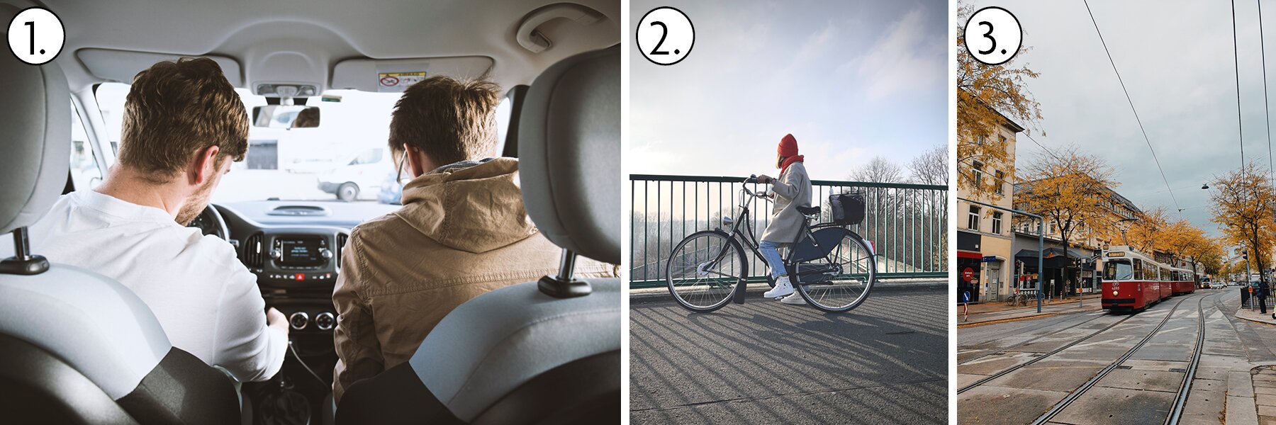 Ilustracja przedstawia trzy scenki. Pierwsza przedstawia dwie osoby w samochodzie. Druga przedstawia kobietę na rowerze. Na trzeciej ilustracji ukazany jest jadący tramwaj. 