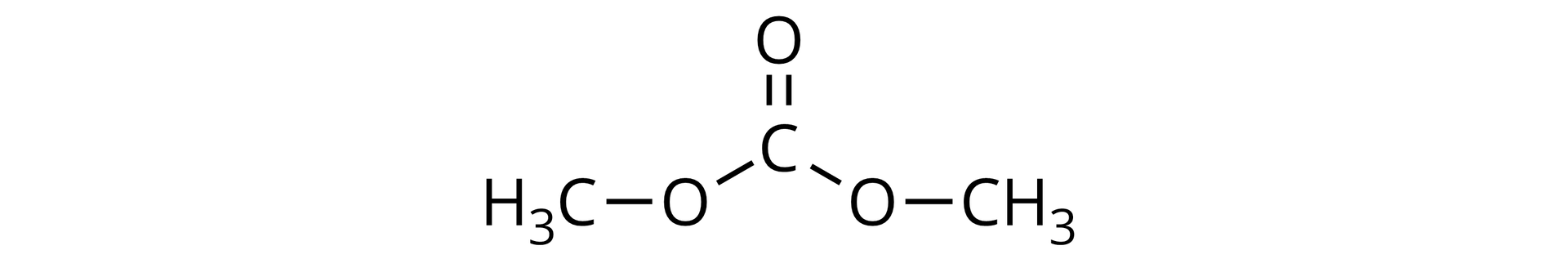 Ilustracja przedstawiająca wzór półstrukturalny węglanu dimetylu zbudowanego z atomu węgla połączonego za pomocą wiązania podwójnego z atomem tlenu oraz za pomocą wiązań pojedynczych z dwoma atomami tlenu, z których każdy podstawiony jest grupą metylową CH3.