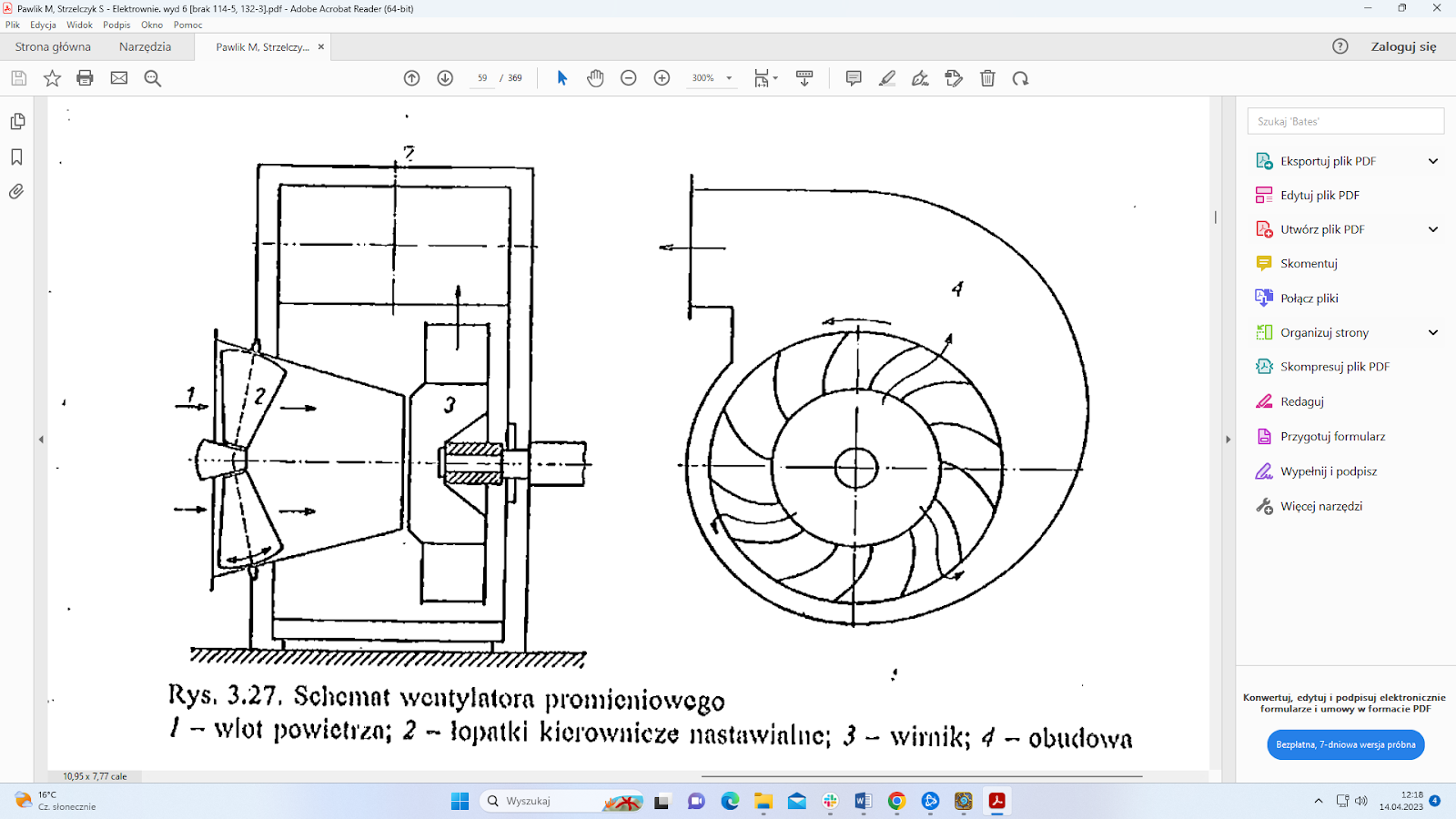 Rys. 17.4. Schemat wentylatora promieniowego: 1. wlot powietrza; 2. łopatki kierownicze nastawcze; 3. wirnik; 4. obudowa