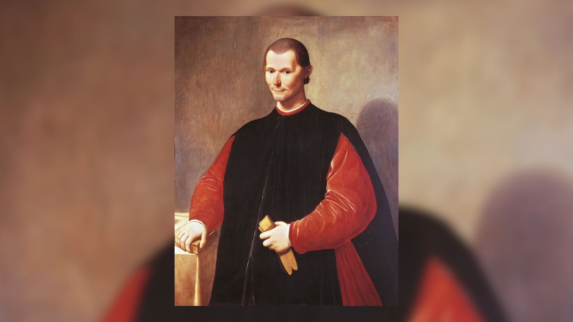 Obraz ukazuje Niccolò Machiavellego. To młody mężczyzna o krótkich, ciemnych włosach. Ma wydatne kości policzkowe. Ubrany jest w czerwony, aksamitny strój z czarną narzutką z przodu i z tyłu stroju. Mężczyzna w jednej ręce trzyma rękawiczki, drugą ma położoną na książce leżącej na stole.