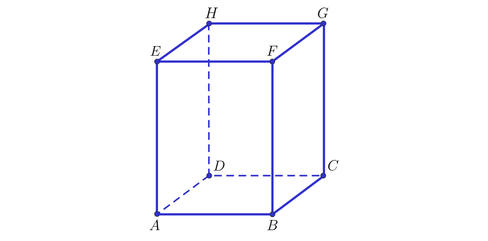 Grafika przedstawia prostopadłościan, którego wierzchołki dolnej podstawy opisano A, B, C, D, a wierzchołki górnej podstawy opisano: E, F, G, H.
