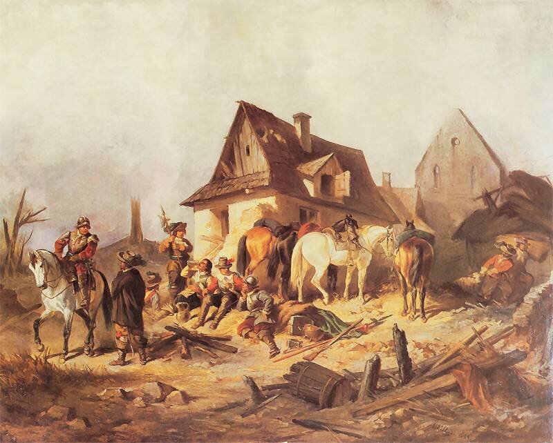 Obraz przedstawia scenę odpoczynku żołnierzy po bitwie. Przy spalonych domostwach, pozostałościach ścian i murów budynków, stoją konie. Na ziemi siedzi grupa żołnierzy szwedzkich. Mają charakterystyczne hełmy oraz kapelusze przyozdobione krótkim piórkiem. Przed nimi jest ognisko. Piją i jedzą, rozmawiając ze sobą. Jeden z żołnierzy siedzi na koniu i rozmawia z drugim żołnierzem, który stoi obok. W tel widoczny jest dym spalonych zgliszczy. Na pierwszym planie widoczne są resztki beczek, ogrodzenia domostwa.