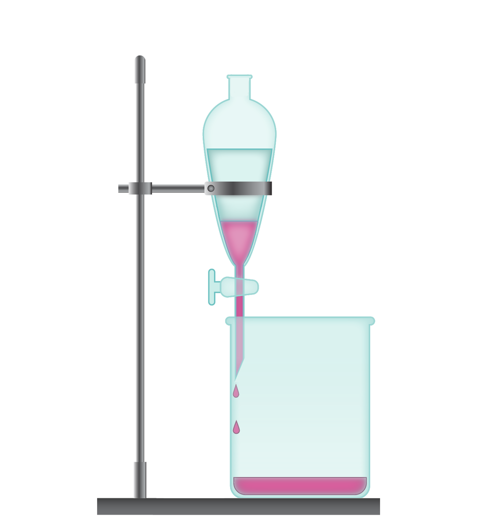 Na grafice znajduje się otwarty rozdzielacz przymocowany do statywu. Górna faza jest bezbarwna, a dolna, która skapuje do zlewki jest fioletowa. 