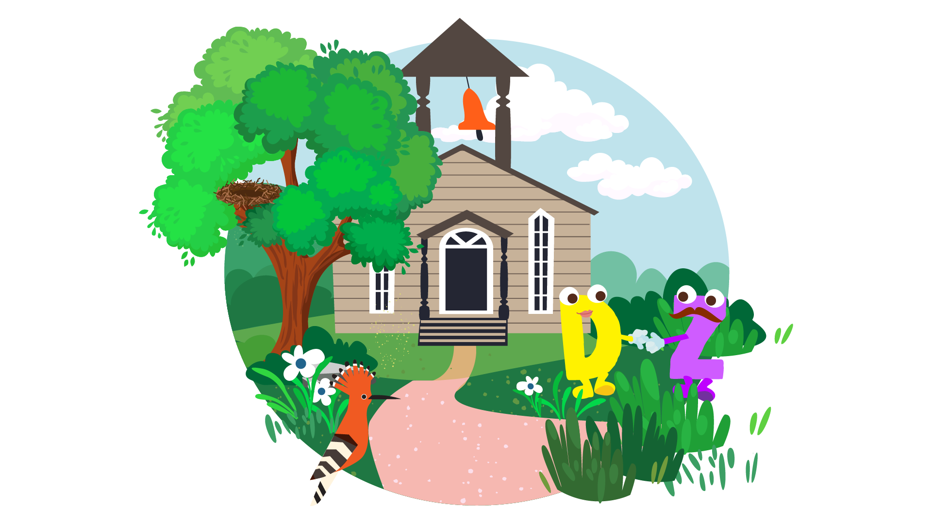 Ilustracja przedstawia jasnobrązowy budynek z wieżą na dachu. W wieży znajduje się duży pomarańczowy dzwon. Do czarno‑białych drzwi wejściowych prowadzą czarno‑brązowe schody. Po obu stronach drzwi są wysokie białe okna. W tle widać błękitne niebo z dwiema białymi chmurami. Dookoła budynku jest teren porośnięty zielenią, z zielonymi krzewami, kępkami wysokiej trawy i pojedynczymi białymi kwiatami. Środkiem ilustracji biegnie ścieżka prowadząca do budynku. Po jej lewej stronie stoi duże drzewo liściaste. Na jednej z gałęzi jest puste gniazdo. Pod drzewem, na ziemi, siedzi dudek. Jest to pomarańczowy ptak o czarno‑białych skrzydłach oraz czubku na głowie. Po prawej stronie ścieżki stoją dwie literki z oczami i uśmiechami. Pierwsza z nich to żółta literka „d”, a druga to fioletowa literka „z”, która ma również brązowe wąsy. Literki patrzą na siebie i wyciągają do siebie ręce.
