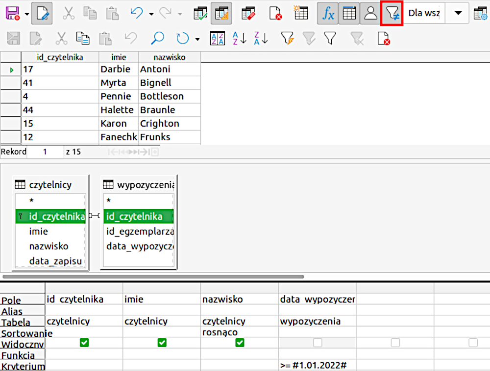 Ilustracja przedstawia tabelę. Ma trzy kolumny: id_czytelnika, imie, nazwisko. W komórkach tabeli są odpowiednie dane. Poniżej kwerenda. Są dwie sekcje: czytelnicy oraz wypozyczenia. W sekcji czytelnicy lista: symbol gwiazdki, id_czytelnika (obok symbol klucza), imie, nazwisko, data_zapisu. W sekcji wypozyczenia: symbol gwiazdki, id_czytelnika, id_egzemplarza, data_wypozyczenia. W obydwu połączonych ze sobą sekcjach podświetlono id_czytelnika. Poniżej tabela. Z lewej strony tabeli w komórkach kolejno w dół: Pole, Alias, Tabela, Sortowanie, Widoczny, Funkcja, Kryterium. W rzędzie dotyczącym pola kolejno: id czytelnika, imie, nazwisko, data wypozyczenia. W rzędzie dotyczącym tabeli: czytelnicy, czytelnicy, czytelnicy, wypozyczenia. W Sortowaniu w kolumnie nazwisko wpisano: rosnąco. W Widoczny są haczyki, z wyjątkiem kolumny data wypozyczenia. W Kryterium w kolumnie data wypozyczenia wpisano >=hasz1.01.2022hasz.    