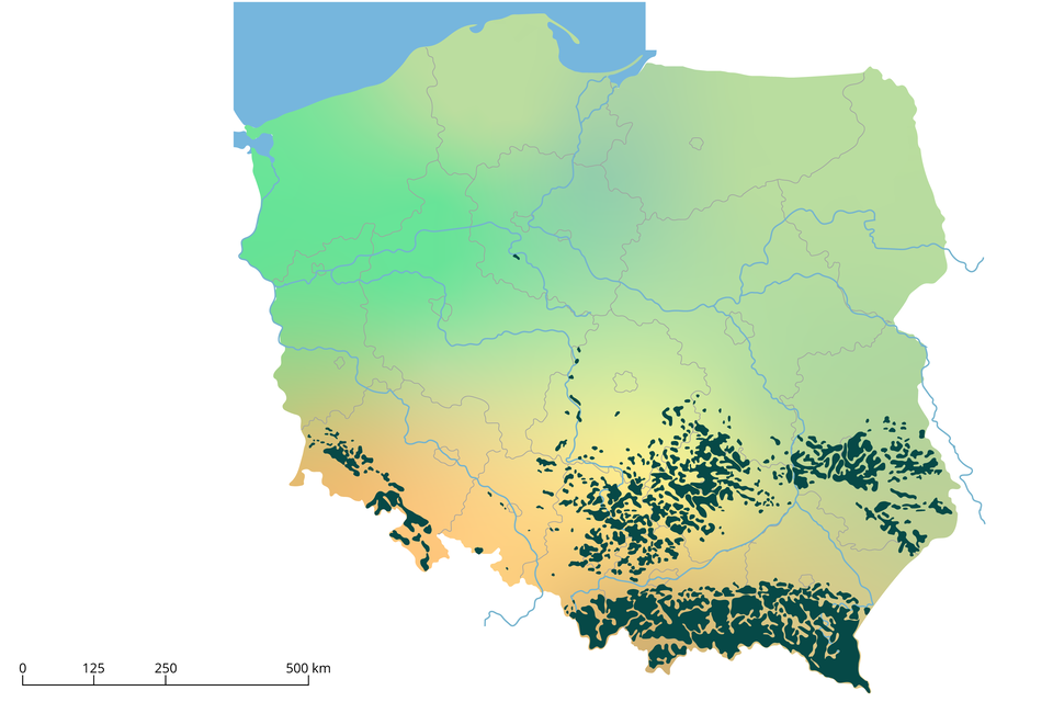 Mapa B. Na mapie Polski w południowej części kraju są liczne ciemnozielone obszary. Najwięcej jest ich w województwie małopolskim, podkarpackim, lubelskim, śląskim, świętokrzyskim, mniej w dolnośląskim czy opolskim. 