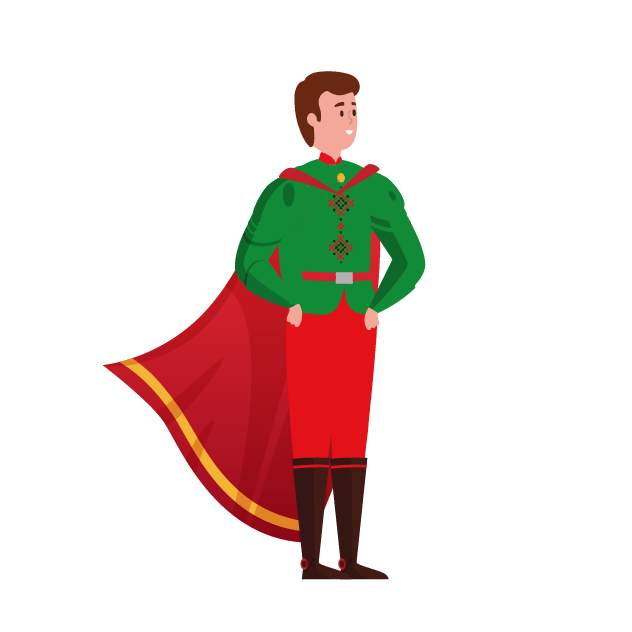 Na ilustracji znajduje się książę w zielonej koszuli, czerwonych spodniach i brązowych kozakach, z czerwoną peleryną na plecach.