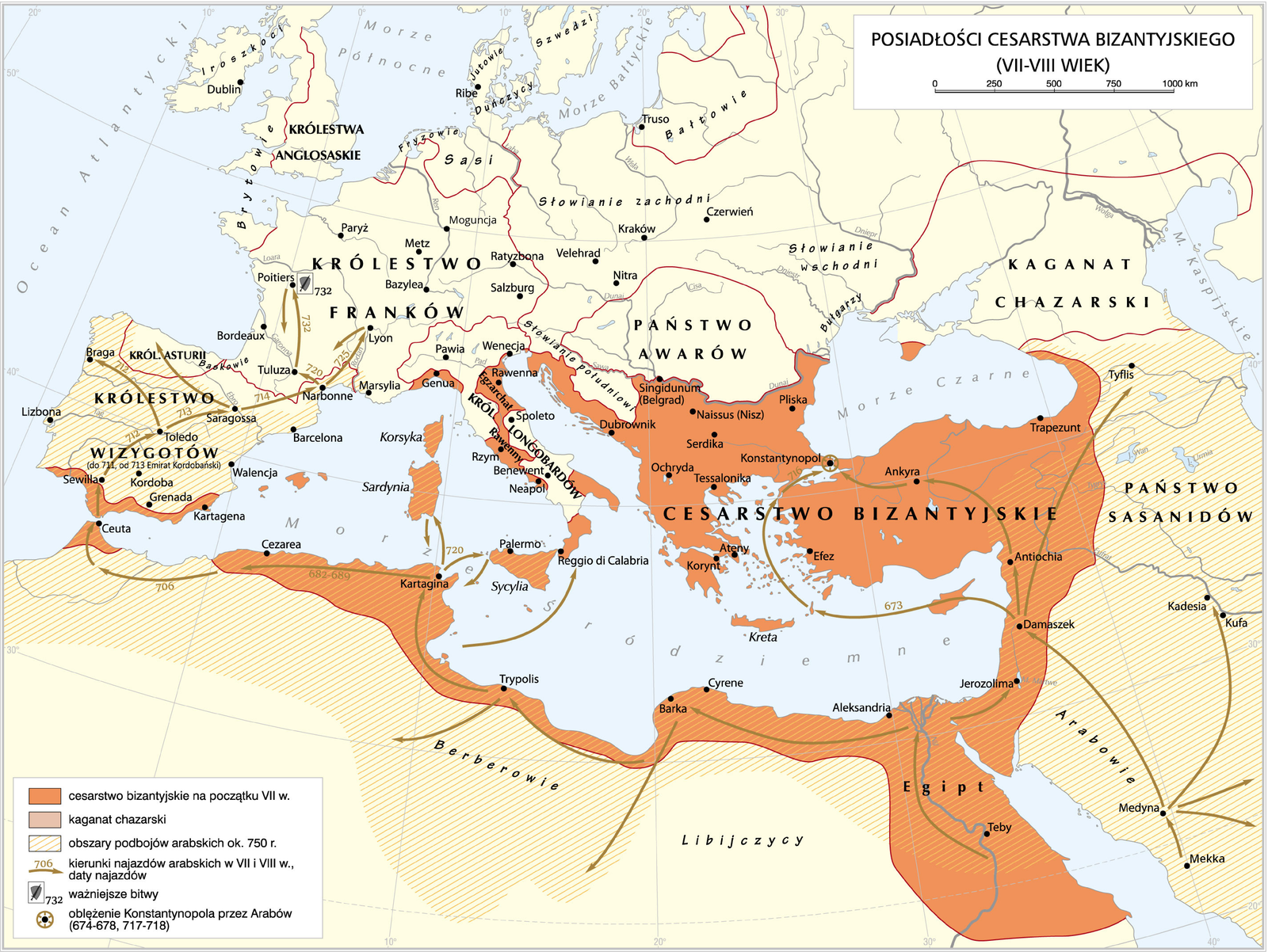 Mapa przedstawia Posiadłości Cesarstwa Bizantyjskiego (VII‑VIII wiek). Cesarstwo bizantyjskie na początku VII wieku zajmowało cały teren nabrzeża morza śródziemnego za wyjątkiem wschodniej Hiszpanii i Francji. Obszary podbojów arabskich ok 750 rok teren Hiszpanii, wybrzeże północnej Afryki, Syria, Irak, Iran, północ Turcji. Kierunki najazdów arabskich w VII i VIII wieku w 720 r z Kartaginy na Sycylię, Sardynię. W roku 682- 689 z Kartaginy na Cezareę, w 706 roku przez Ceuta, Sewilla, 712 rok Toledo, 7713 Sargassa, 712 Braga, 714 Narbonne, 720 Tuluza, 725 Lyon, 732 Poitiers.  Z terenu obecnej Arabii Saudyjskiej miejscowości  Mekka przez Medynę, Damaszek, w 673 roku Konstantynopol. Z Damaszku na wschód do Tyflis. Ważniejsze bitwy: 732 rok Poitiers. Oblężenie Konstantynopola przez Arabów 716 rok.
