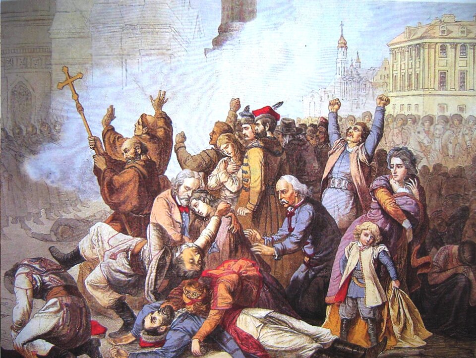 Obraz przedstawia plac, na którym znajduje się grupa ludzi. Są tu mężczyźni w kontuszach, rozpaczające kobiety, tulące do siebie dzieci. Są także dwaj mnisi - jeden z nich trzyma w dłoniach krucyfiks. Na ziemi leżą ciała poległych mężczyzn. Wskazaną grupę atakują z różnych stron wojska carskie.