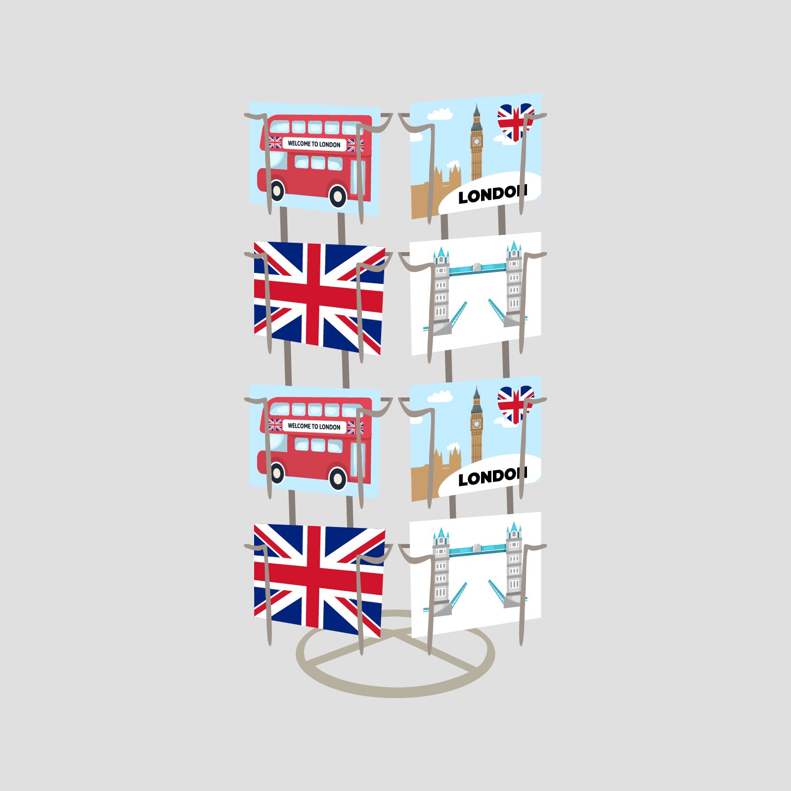Ilustracja przedstawia stojak z ośmioma pocztówkami z Londynu. Pocztówki posiadają takie ilustracje, jak: flaga Wielkiej Brytanii, zegar Big Ben, most Tower Bridge oraz czerwony autobus piętrowy.