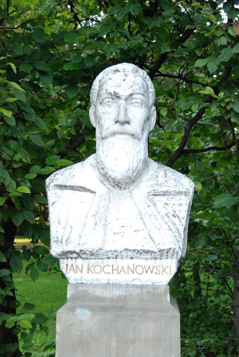 Na zdjęciu znajduje się popiersie Jana Kochanowskiego na tle liści drzew. Jest to mężczyzna w sile wieku, o krótkich włosach, który nosi długą, sięgającą do szczytu piersi brodę i gęste wąsy. Jego twarz jest spokojna. Jest ubrany w kaftan z szerokim kołnierzem. Na wysokości piersi widnieje złoty napis: Jan Kochanowski.