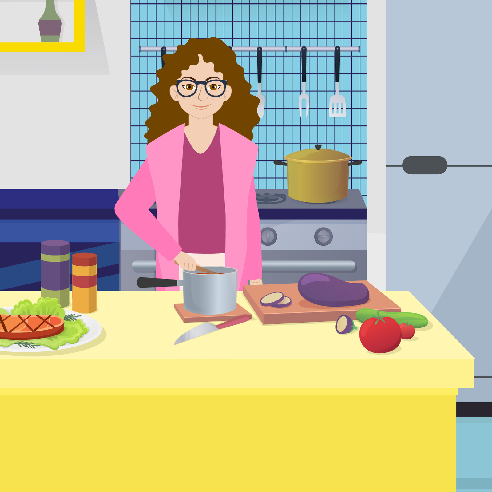 Ilustracja przedstawia kobietę w okularach, różowej koszulce i różowym, rozpinanym swetrze, która miesza w garnku stojącym na ladzie przed nią. Na ladzie leżą również warzywa, przyprawy i kawałek mięsa. Za nią widzimy garnek na kuchence, sztućce zawieszone nad nim i lodówkę.