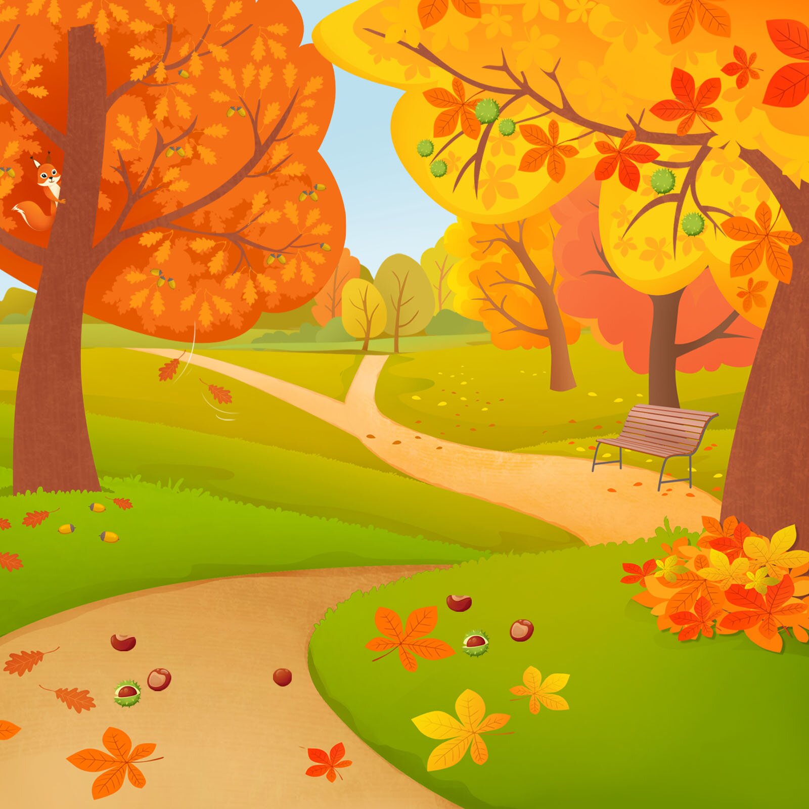 Ilustracja przedstawia alejkę parkową. Na drzewach widoczne są kolorowe liście.