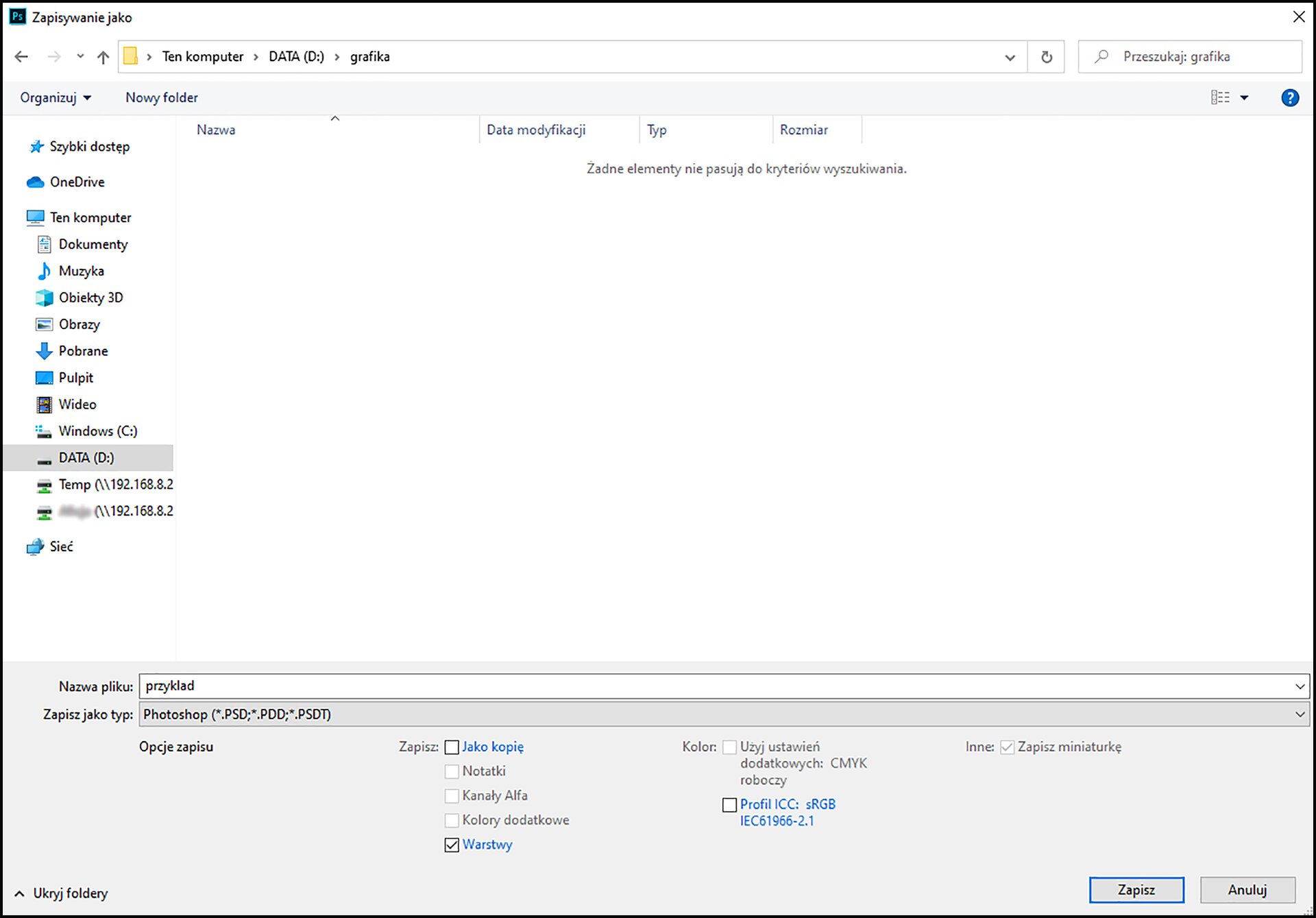 Ilustracja przedstawiająca okno Zapisywanie jako. Tam w: Ten komputer wybrano Data (D:). Zastosowano przycisk Zapisz.