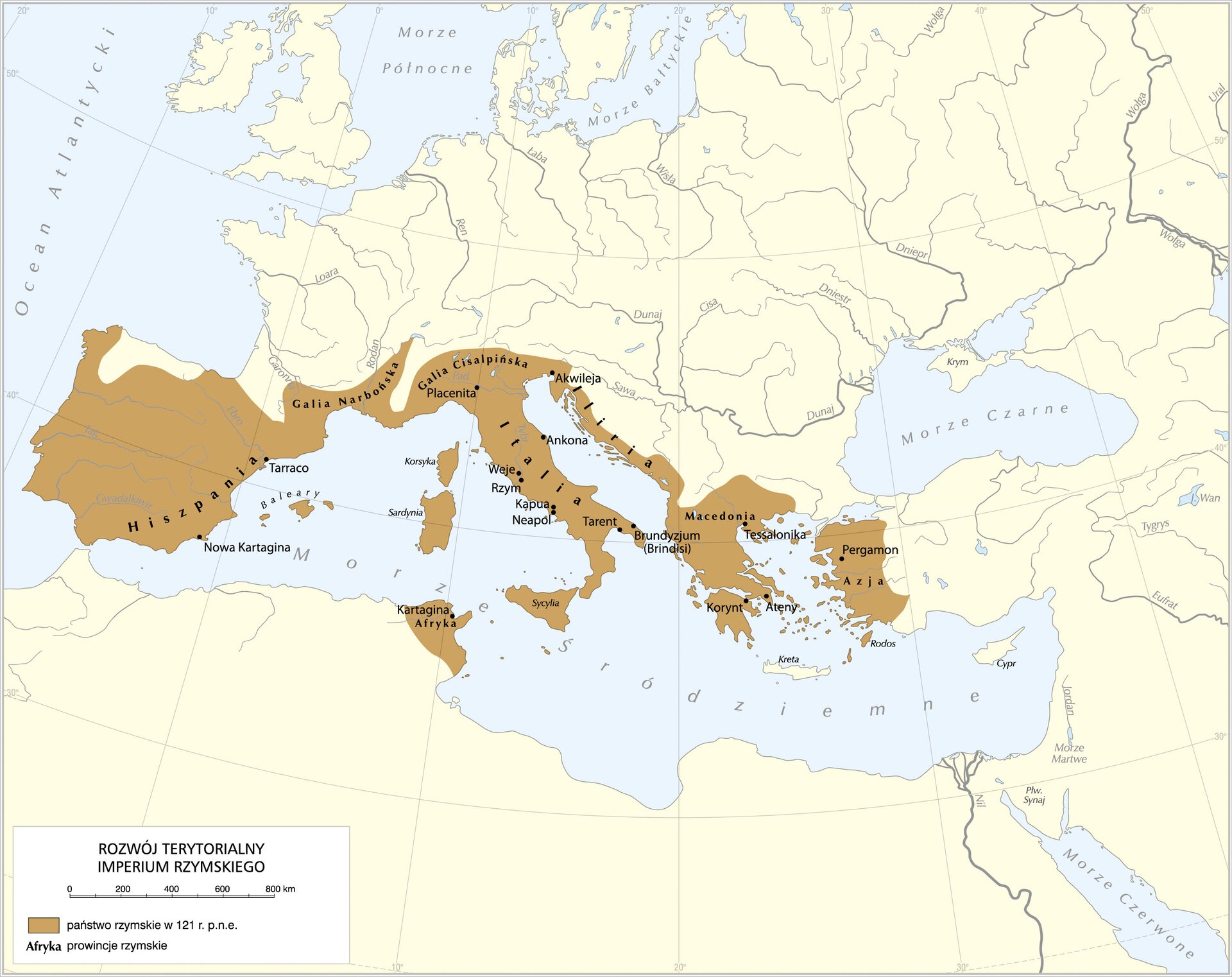 Mapa przedstawia rozwój terytorialny imperium rzymskiego i tereny państwa rzymskiego w 121 roku przed naszą erą. Należały do nich: Hiszpania, Galia Narbońska, Galia Cisalpińska, Italia, Sardynia, Sycylia, Iliria, Macedonia, Korynt, Azja Mniejsza i prowincja w Afryce (obecna Tunezja).