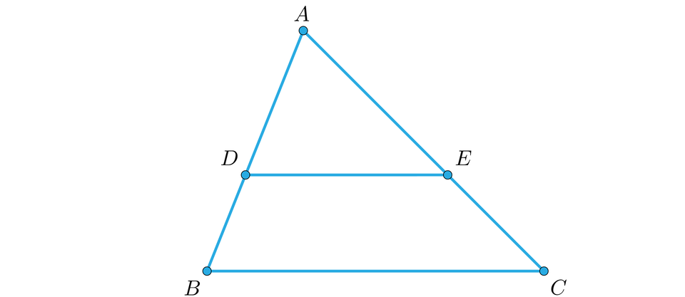 Ilustracja przedstawia trójkąt A B C, w którym podstawą jest poziomy odcinek B C. Na ramieniu A B zaznaczono punkt D, natomiast na ramieniu A C zaznaczono punkt E. Punkty te połączono w poziomy odcinek D E.