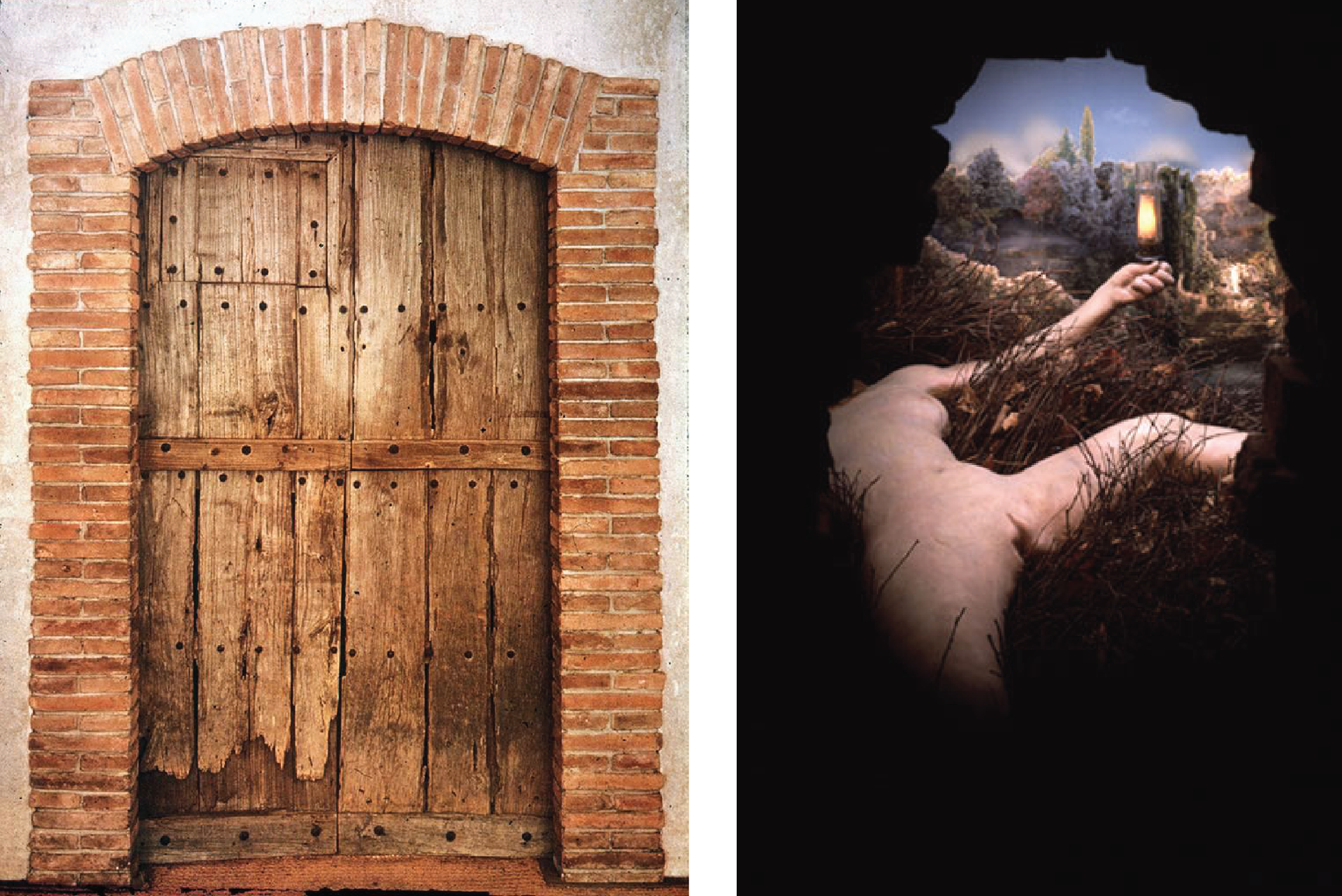  Praca Marcela Duchampa pod tytułem „Dane”: 1° wodospad 2° oświetlenie gazowe...” przedstawia dwie sceny. Z lewej strony, wnętrze budynku z widokiem na drewniane, połatane drzwi, w których znajdują się dwie dziury, przez które można zajrzeć na zewnątrz. Z prawej strony znajduje się nagie kobiece ciało leżące na łące. Kobieta leży na plecach a jej nogi znajdują się w rozkroku. Kobieta w lewej dłoni trzyma zapaloną lamę. W tle obrazu znajduje się las porośnięty drzewami. 