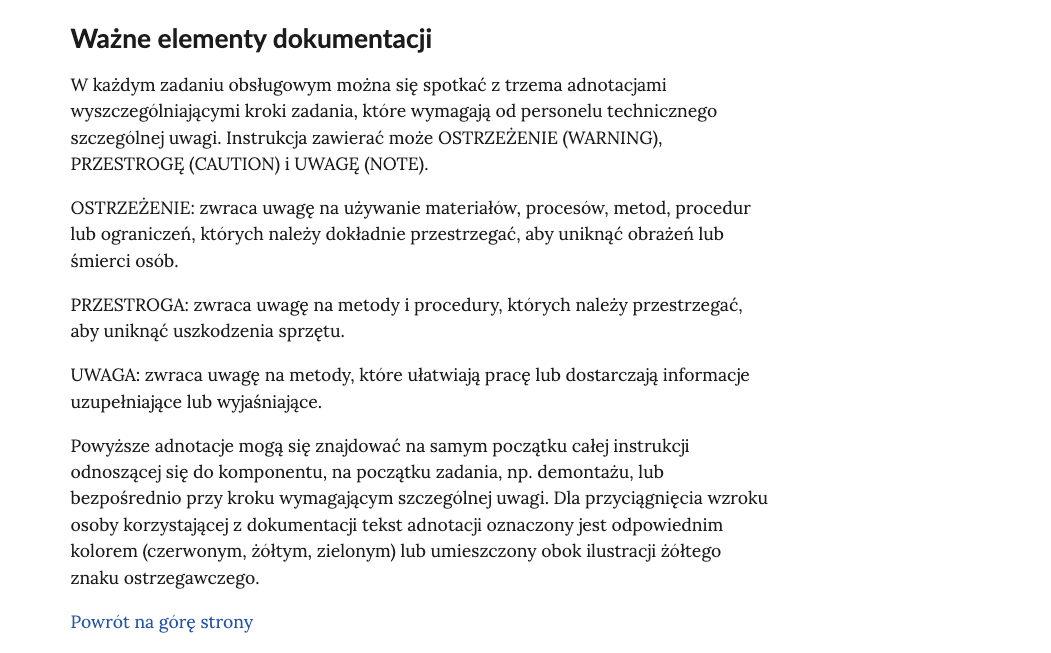 Zrzut ekranu przestawia przykładową sekcję w rozdziale e‑booka. Składa się ona kolejno od góry z: tytułu, treści - w tym przypadku tekstowej - oraz z odsyłacza na górę strony.