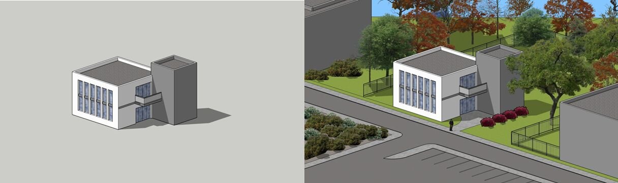 Ilustracja przedstawia dwie grafiki komputerowe. Na ilustracji po lewej znajduje się budynek, złożony z dwóch brył, prostopadłościanów. Jest to przykład bryły budynku w rzucie aksonometrycznym. Na ilustracji z prawej znajduje się budynek złożony z dwóch prostopadłościanów. Obiekty usytuowane są przy ulicy, w otoczeniu trawników i drzew. Po lewej znajduje się biały budynek z wysokimi okami i płaskim, szarym dachem. Do niego przystaje wyższy, szary budynek bez okien. W pobliżu znajdują się fragmenty innych zabudowań.