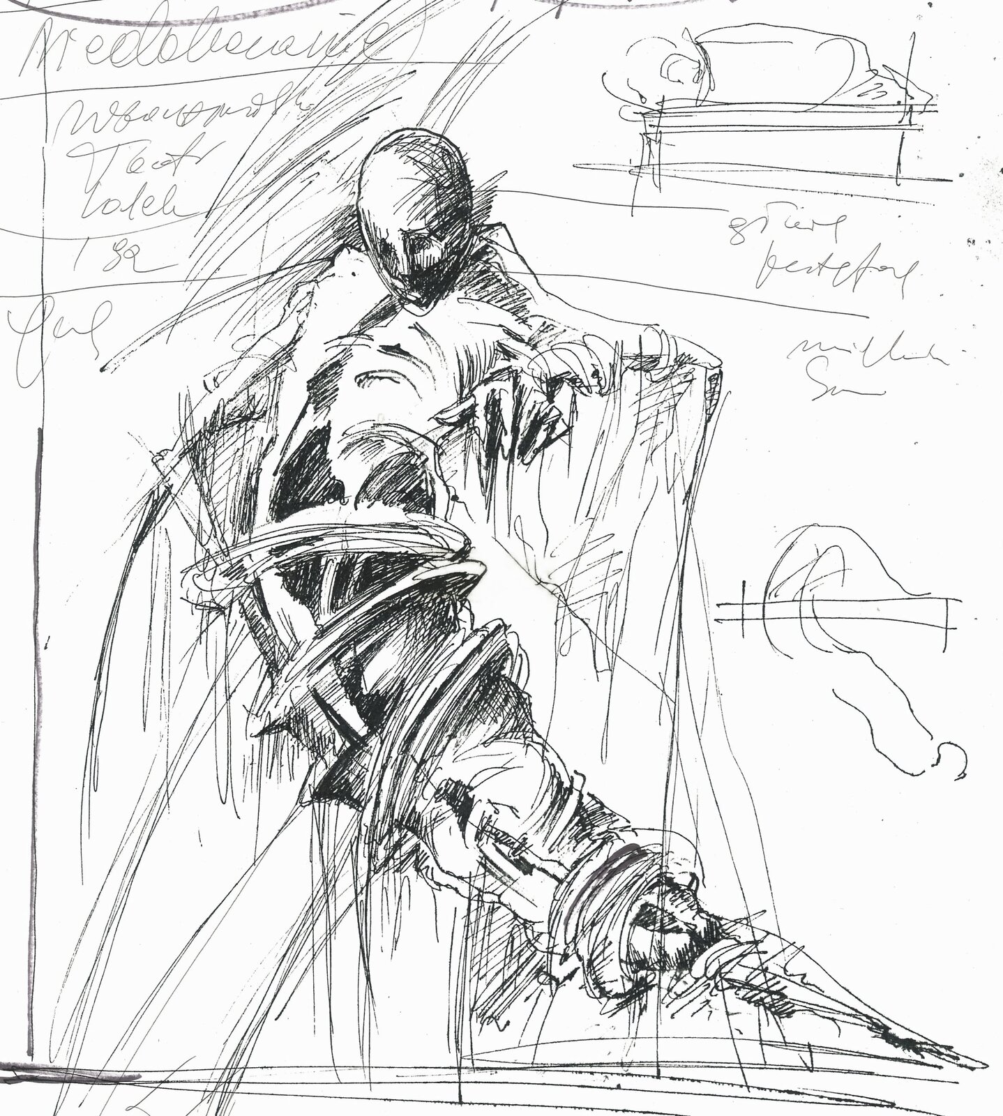 Ilustracja przedstawia projekt postaci Gregora w spektaklu „Niedokonania” Jadwigi Mydlarskiej‑Kowal z 1992 roku. Szkic wykonany jest czarnym narzędziem pisarskim na białej kartce. Postać jest wygięta, a jej nogi są związane. W lewym górnym rogu znajdują się notatki. W prawym górnym rogu jest narysowane łóżko, w którym ktoś leży. Pod łóżkiem znajdują się notatki.