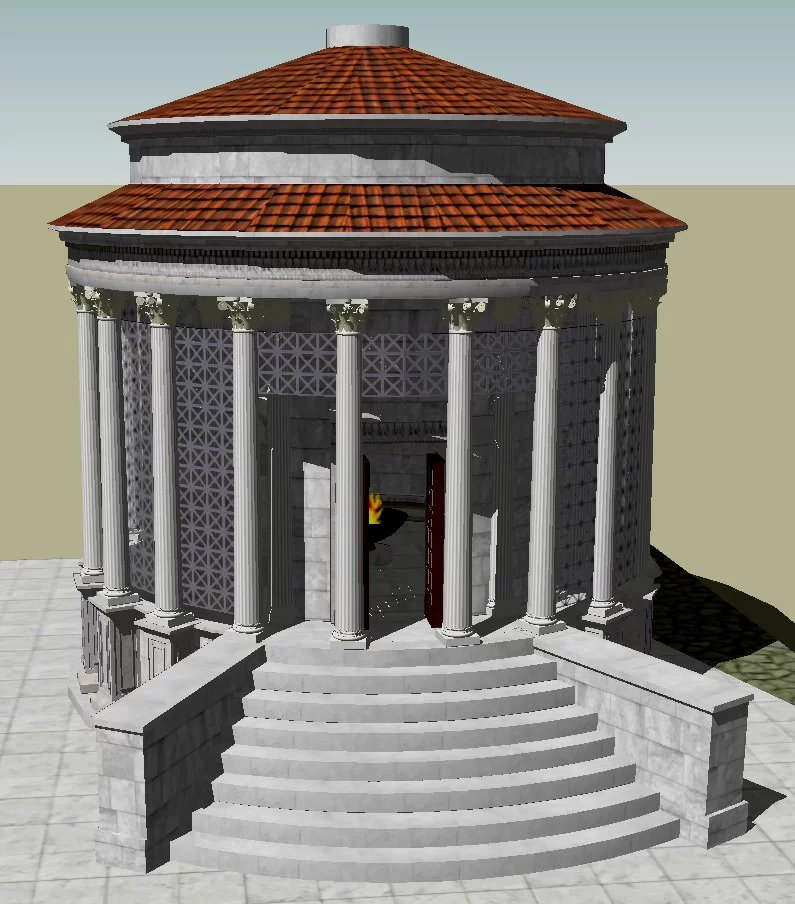 lustracja przedstawia trójwymiarową, komputerowo wygenerowaną rekonstrukcję Świątyni Westy na Forum Romanum w Rzymie. Ukazuje budowlę w formie tolosu — budowli o planie kolistym, otoczonej pierścieniem smukłych kolumn korynckich. Kolumny wspierają stożkowy dach, który zwieńczony jest centralnym otworem. Całość osadzona jest na podium z prostokątnymi płytami okładzinowymi, do którego prowadzą schody. Model uwzględnia realistyczne cieniowanie i oświetlenie.