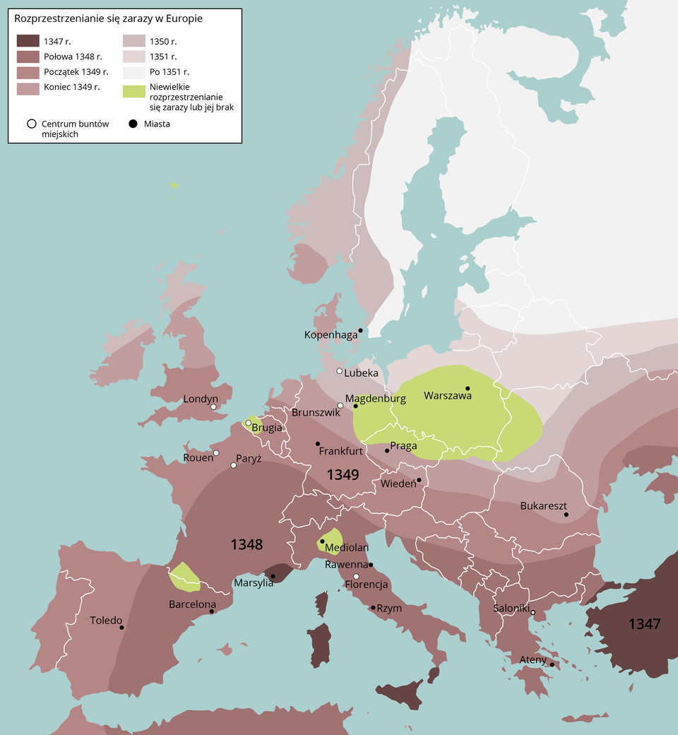 Ilustracja przedstawia mapę rozprzestrzeniania się zarazy w Europie, która zaczęła się rozchodzić się od południa Europy, przyjmując postać poziomych pasów, idących z południa na północ. W roku 1347 zarazą objęte były tereny południowej Francji z miastem Marsylia, wyspy: Sardynia i Korsyka, Sycylia oraz południowy obszar Włoch (Kalabria), tuż przy Cieśninie Mesyńskiej, a także ogromny obszar na zachodzie i w centralnej części współczesnej Turcji. W połowie 1348 roku zaraza rozprzestrzeniła się na obszar północnej Afryki, na teren współczesnej Grecji (miasto Saloniki i Ateny), Bułgarii, Albanii, Czarnogóry, Bośni i Hercegowiny, Macedonii, całego Półwyspu Apenińskiego z miastami Rzym, Florencja, Rawenna, z wyłączeniem miasta Mediolan i jego najbliższego otoczenia, gdzie zaraza rozprzestrzeniała się bardzo mało lub nie było jej wcale, Szwajcarii, całej Francji z wyłączeniem północnych terenów przy kanale La Manche oraz wschodniej części Półwyspu Iberyjskiego z miastem Barcelona. Na początku 1349 roku zaraza objęła już w całości Półwysep Iberyjski z miastem Toledo w centralnej Hiszpanii, północną Francję (miasta Rouen i Paryż), południową część Wielkiej Brytanii (miasto Londyn), Belgię (z wyłączeniem miasta Brugia i jego najbliższego otoczenia, gdzie zaraza rozprzestrzeniała się bardzo mało lub nie było jej wcale, zachodnią i centralną część Niemiec, Austrię, Słowenię, Chorwację, południową cześć Węgier i Rumunii oraz północne wybrzeże Morza Czarnego. Koniec 1349 roku to kolejny pochód zarazy na północ, która obejmuje dalszą część Wielkiej Brytanii i południowej Irlandii, północną część Niemiec, (miasto Brunszwik), południową część Czech z Pragą, teren dzisiejszej Słowacji, oraz już na przeciwległym brzegu Morza Bałtyckiego teren Kopenhagi i jej terenu wokół oraz południowy teren Norwegii. W 1351 roku zajęta już była właściwie cała Europa z wyłączeniem terenu współczesnej Polski (z miastem Warszawa), zachodnich Niemiec na granicy z Polską aż po miasto Magdeburg, a na południu granicę braku zarazy wyznaczał teren na północ od miasta Praga. Po 1351 roku zaraza doszła już też do północnej Europy i północno‑wschodniej Europy. Na mapie zaznaczono centrum buntów miejskich w Londynie, Ruen, Paryżu, Brugii, Lubece, Brunszwiku, Florencji i Salonikach. 