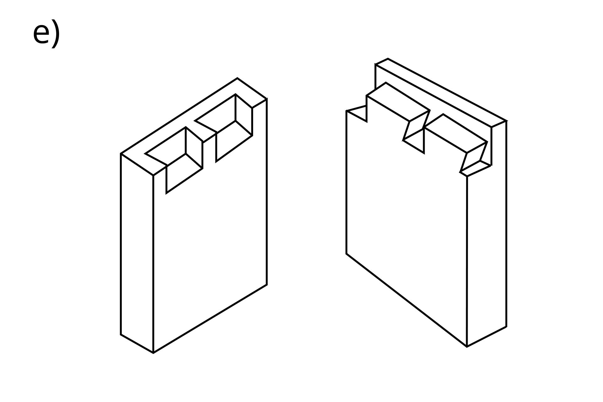 Grafika przedstawia złącze wczepowe kryte. W jednym elemencie wycięte są gniazda, które nie przechodzą na wylot, w drugim zaś czopy, które nie zajmują całej grubości elementu.
