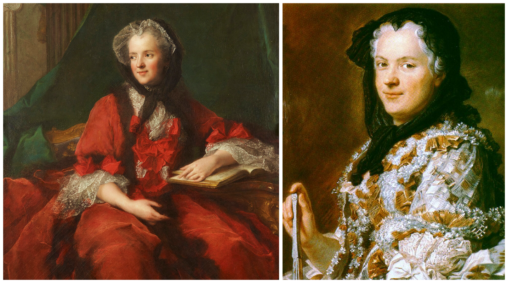 Kliknij, aby powiększyć. Po lewej stronie portret królowej Marii Leszczyńskiej w stroju miejskim. Siedząca w fotelu Maria Leszczyńska jest ubrana w czerwoną sukienkę haftowaną gronostajem i ozdobioną koronkowymi mankietami. Królowa nosi białą koronkową czapkę podtrzymywaną przez czarną koronkową mantylę. Elegancję podkreśla biżuteria: kolczyki oraz naszyjnik z kamieni szlachetnych. Maria Leszczyńska lewą rękę trzyma opartą o rozłożoną książkę leżącą na stoliku. Po prawej stronie ustawiona bokiem sylwetka królowej Marii Leszczyńskiej w sukni spacerowej z licznymi zakładkami, marszczeniami i koronkami. Królowa jest siwa i zakrywa włosy czarną koronkową mantylą, którą lekko zawiązała pod szyją. W prawej dłoni trzyma wachlarz.