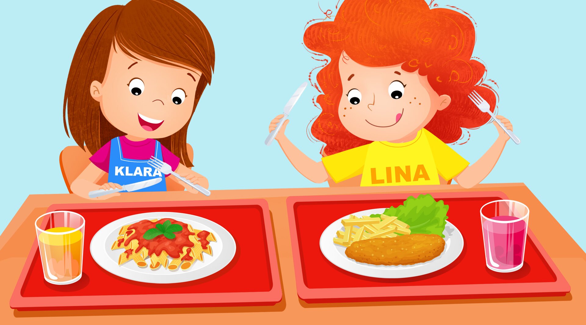 Ilustracja przedstawia Klarę, która je makaron z sosem pomidorowym oraz Linę, która je kotlet z frytkami

