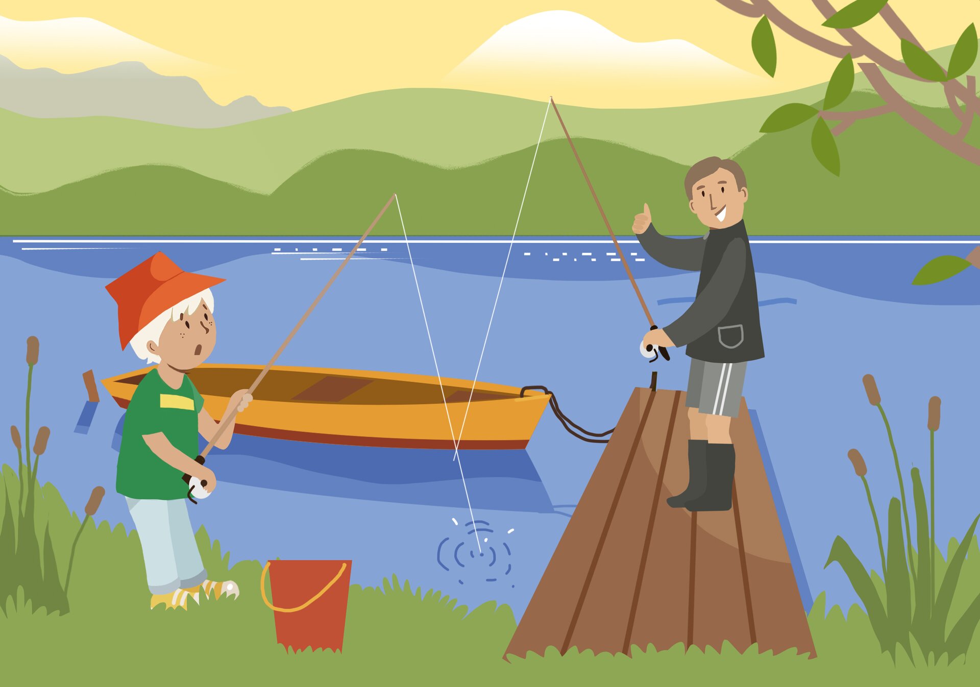 Ilustracja przedstawia chłopca i mężczyznę łowiących ryby. Mężczyzna stoi na pomoście a chłopiec na brzegu. Obydwaj trzymają wędki. Obok chłopca stoi czerwone wiaderko. Przy pomoście przycumowana jest niewielka łódka.