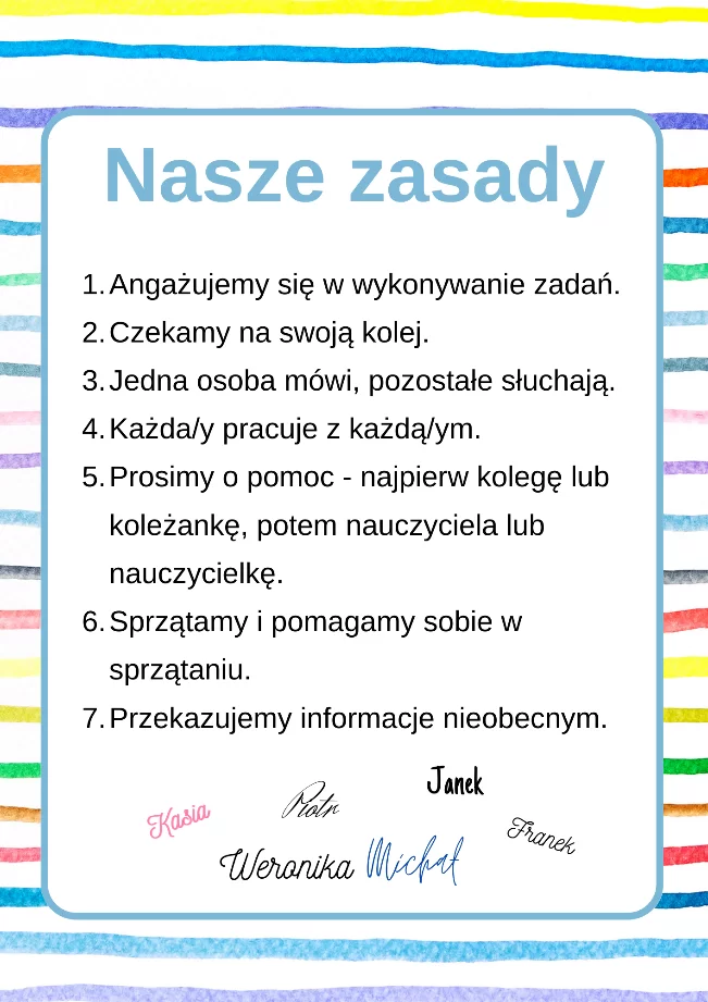 Kontrakt, pod którym widnieją podpisy uczniów.
Tytuł: Nasze zasady.
Treść kontraktu:
Angażujemy się w wykonywanie zadań.
Czekamy na swoją kolej.
Jedna osoba mówi, pozostałe słuchają.
Każdy pracuje z każdym.
Prosimy o pomoc – najpierw kolegę lub koleżankę, potem nauczyciela lun nauczycielkę.
Sprzątamy i pomagamy sobie w sprzątaniu.
Przekazujemy informacje nieobecnym.
