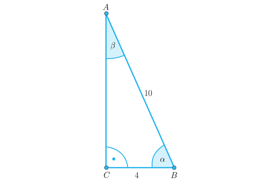 Rysunek przedstawia trójkąt prostokątny C B A o podstawie C B, która ma długość cztery, o pionowej przyprostokątnej A C oraz o przeciwprostokątnej B A, która ma długość dziesięć. Na ilustracji zaznaczono kąty wewnętrze trójkąta. Przy wierzchołku C znajduje się kąt prosty, przy wierzchołku B znajduje się kąt alfa, a przy wierzchołku A znajduje się kąt BETA.
