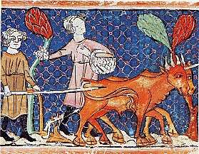 Ilustracja przedstawia mężczyznę orającego ziemię pługiem, który ciągną woły. Obok stoi drugi mężczyzna trzymający kosz. 