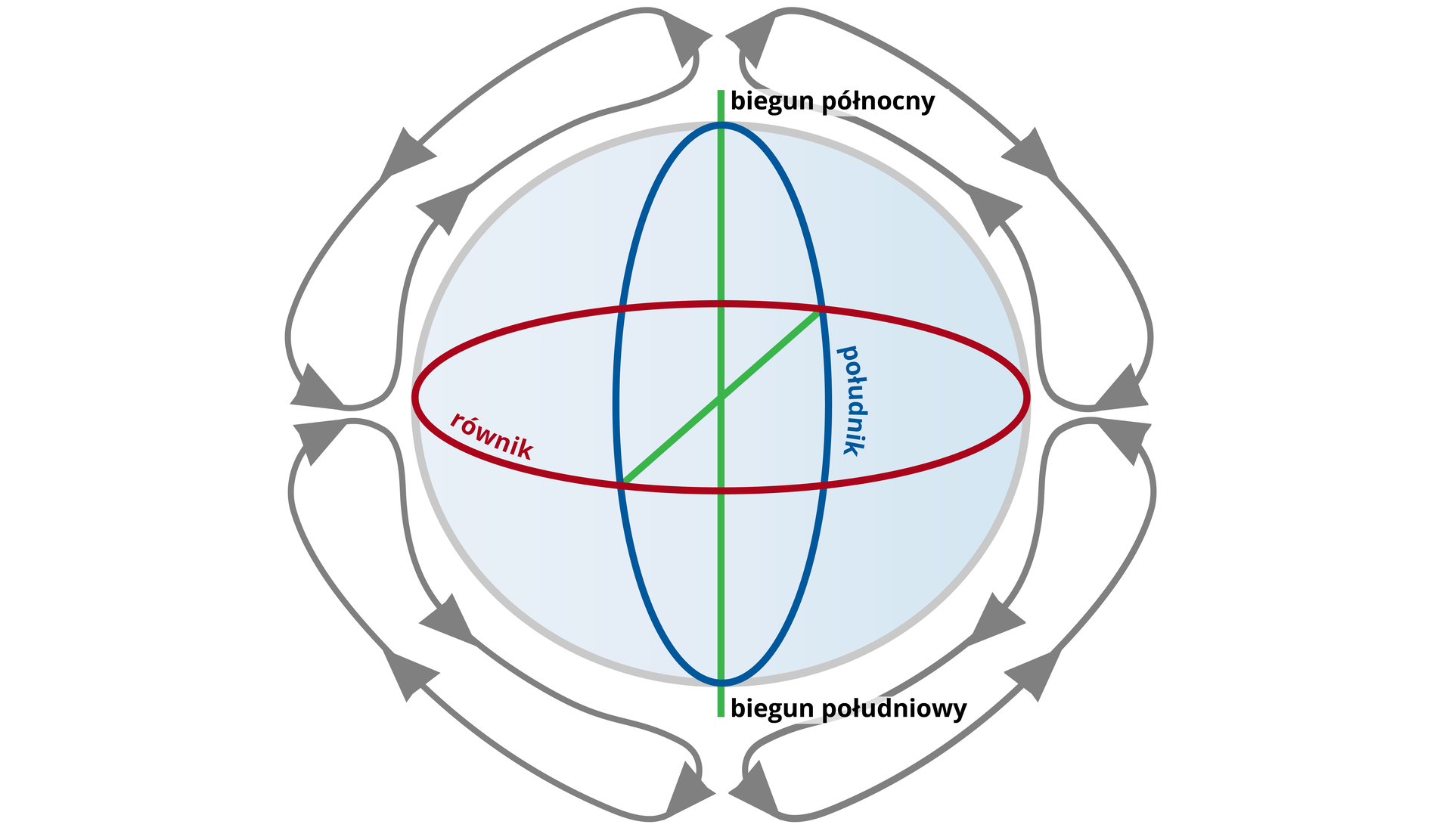 Schemat przedstawia kulę ziemską z zaznaczonym równikiem, południkiem 0 i linią prostą łączącą bieguny. Przy krawędzi kuli widoczne są cztery zamknięte cykle, zbudowane ze strzałek połączonych ze sobą. Jeden cykl - czyli tak zwana komórka - mieści się pomiędzy biegunem północnym a równikiem po lewej stronie kuli, drugi - po prawej stronie. Analogicznie umieszczone są dwa pozostałe cykle - pomiędzy biegunem południowym a równikiem.