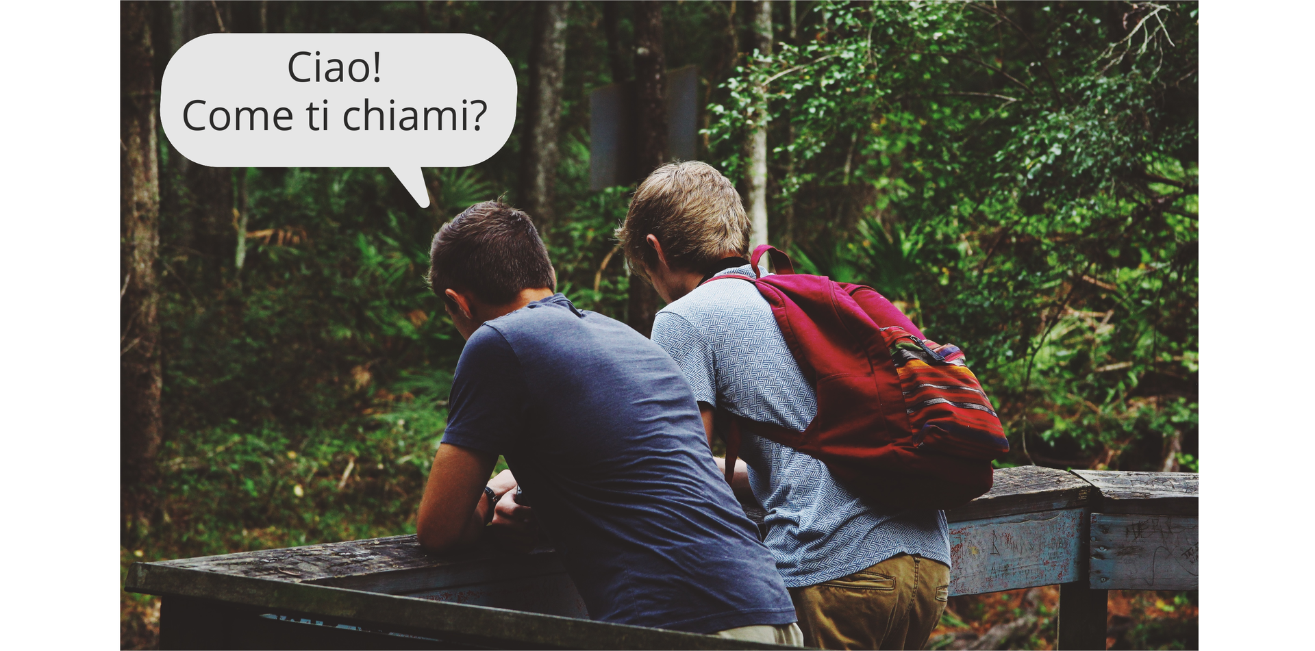 Zdjęcie przedstawia dwóch nastolatków. Chłopcy opierają się o balustradę, stoją tyłem do obserwatora. W oddali widać las. Od jednego z nich narysowany jest dymek komiksowy z napisem: Ciao! Come ti chiami?