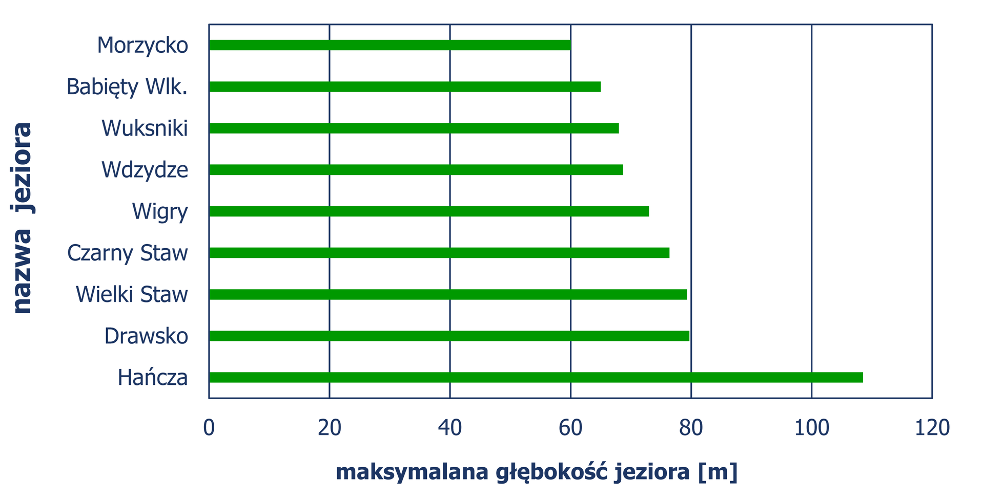 Diagram słupkowy poziomy, z którego odczytujemy maksymalną głębokość (w metrach) najgłębszych jezior w Polsce. Jezioro Morzycko – głębokość 60 metrów . Jeziora: Babięty Wielkie, Wuksniki i Wdzydze – głębokość większa niż 60 metrów, ale mniejsza niż 70 metrów . Jeziora: Wigry, Czarny Staw, Wielki Staw i Drawsko – głębokość większa niż 70 metrów, ale mniejsza niż 80 metrów. Jezioro Hańcza głębokość około 110 metrów.