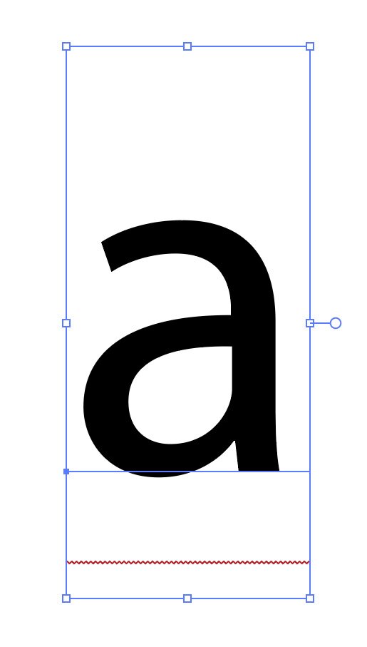 Grafika przedstawia ramkę graficzną. Widoczny jest biały prostokąt w pionie z wpisaną ramką prostokątna w kolorze niebieskim, z zaznaczonymi małymi kwadratami w narożnikach i pośrodku boków (tzw. węzły). Pośrodku ramki wpisana jest czarna litera a, pod którą znajduje się niebieska linie pozioma, zaś poniżej czerwona liniapozioma.