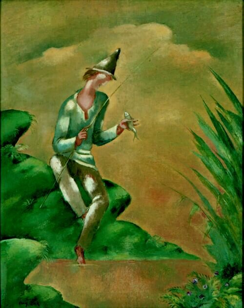 Ilustracja przedstawia siedzącą na brzegu jeziora postać. Ma ona zielony strój: koszulę i spodnie, i kapelusz. W jednej dłoni trzyma wędkę, w drugiej małą rybę, ku której się pochyla. Z prawej strony widoczne są trawy. Na obrazie dominuje kolor zielony. Tło jest rozmyte.