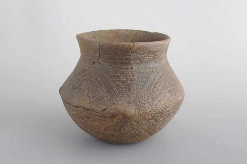 Fotografia ukazuje naczynie ceramiczne pochodzące z okresu neolitu,  należące do ceramiki wstęgowej kłutej. Naczynie ma formę pękatego wazonu z wyraźnie zaznaczoną szyjką, rozszerzającym się brzuścem i lekko rozchodzącym się brzegiem. Powierzchnia ceramiki ozdobiona została charakterystycznym ornamentem wykonanym techniką nakłuwania lub rycia, Układają się one w regularne, geometryczne wzory w postaci trójkątów i ukośnych linii ułożonych w pasy. Na powierzchni widoczne są pęknięcia i linie sklejeń.