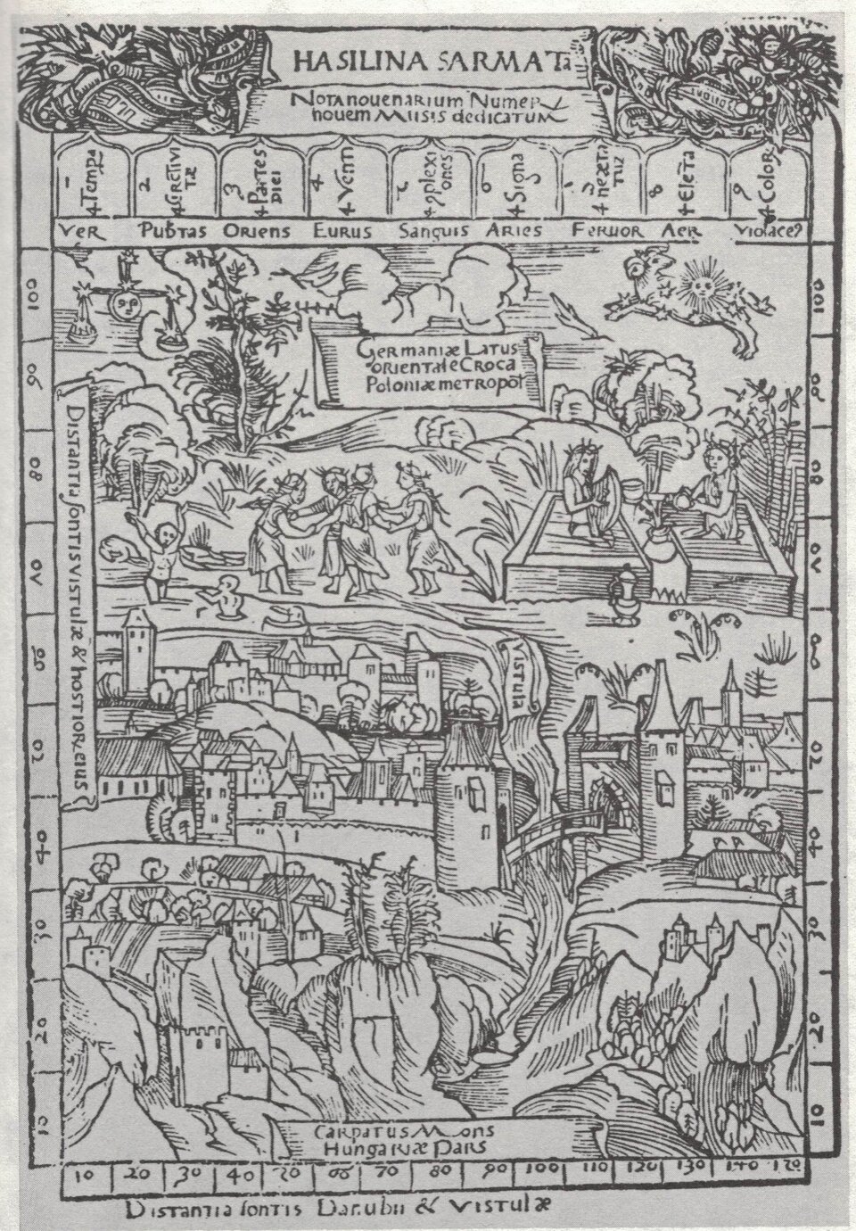 Ilustracja przedstawia panoramę miasta, góry oraz grupę ludzi bawiącą się nad rzeką.