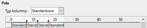 Ilustracja przedstawia fragment okna programu  LibreOffice Writer  zatytułowany: Pola. Poniżej znajduje się okienko z podpisem: Typ kolumny i wybraną opcją Standardowe. W okienku poniżej znajduje się linijka z podziałką i zaznaczonymi liczbami: 10, 20, 30, 40, 50. Od dołu pod linijką znajdują się czerwone punkty rozmieszczone w nieregularnych odstępach. Odcinki między punktami są podpisane: Standardowe. 