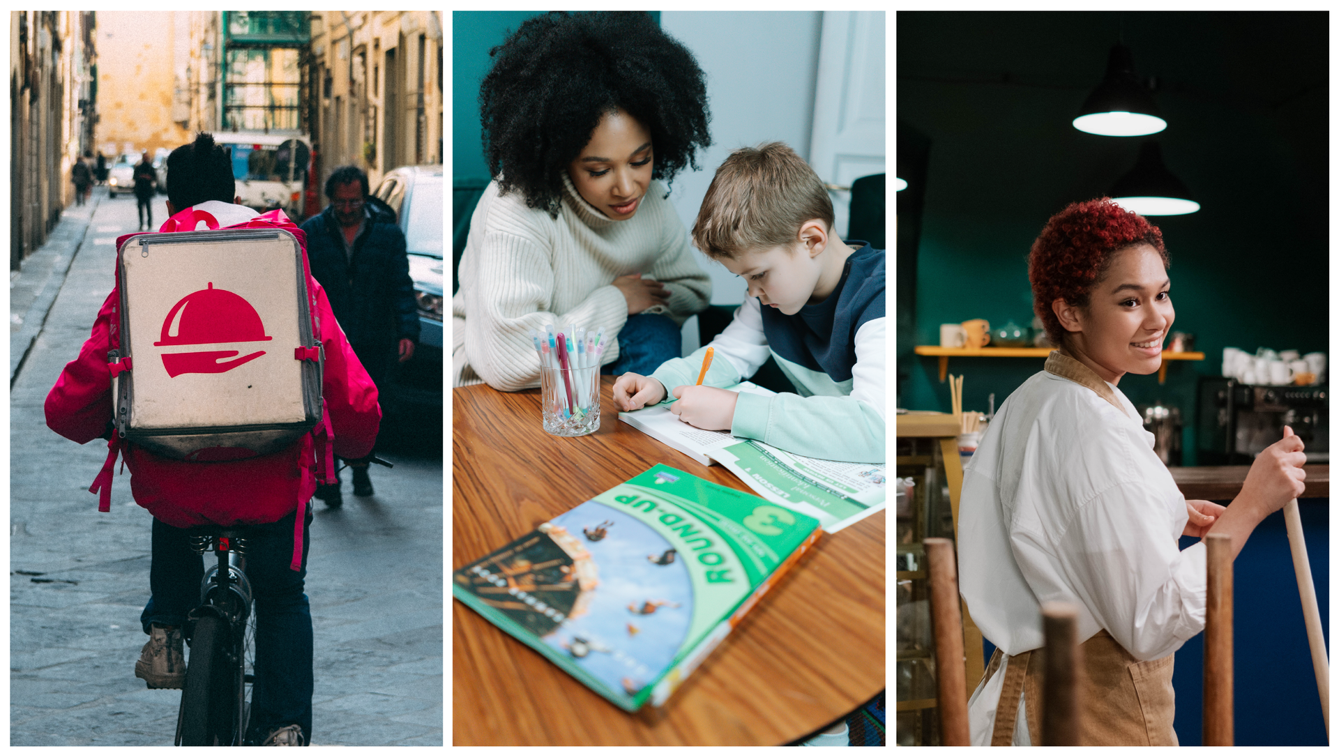 Ilustracja składa się z trzech zdjęć. Pierwsze z lewej przedstawia osobę jadącą na rowerze i dostarczającą posiłek. Następne zdjęcie przedstawia kobietę pomagającą w lekcjach dziecku. Na zdjęciu po prawej dziewczyna zajmuje się sprzątaniem w lokalu.