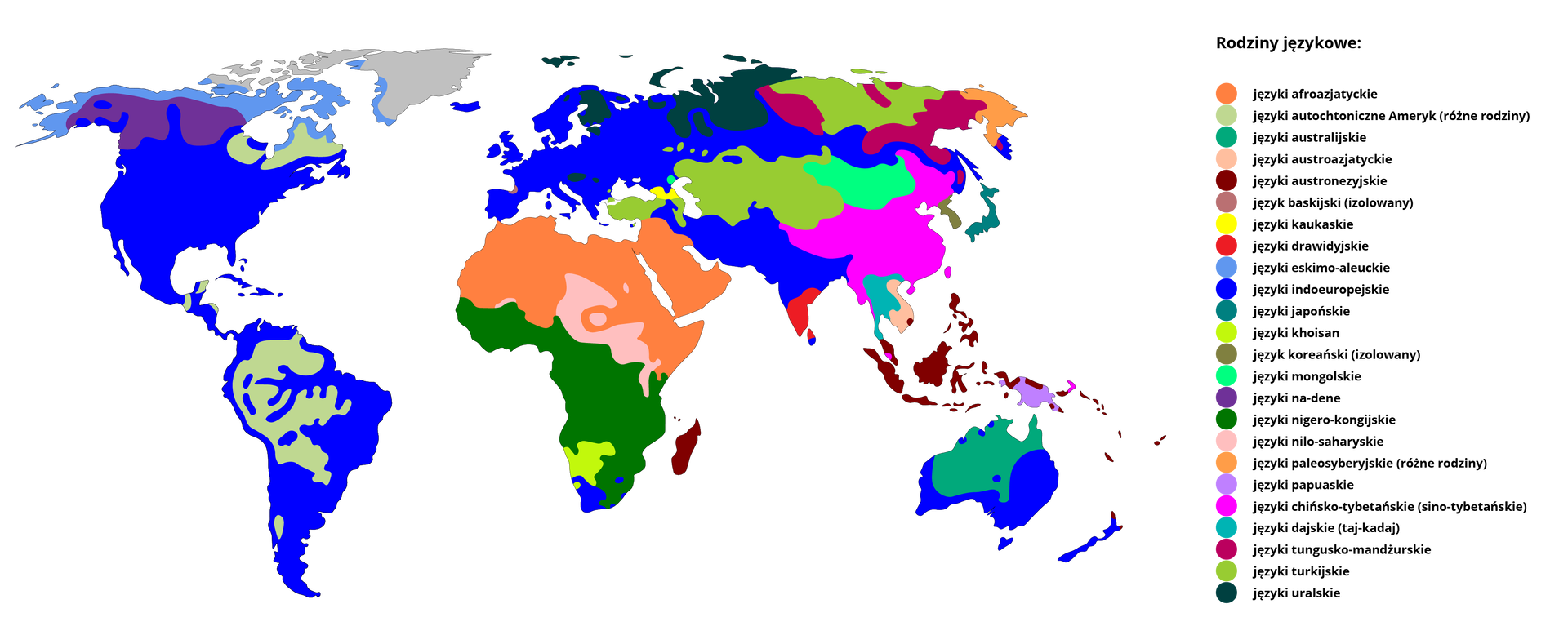Mapa przedstawia informacje na temat rodzin językowych świata. Wymieniono kolejno języki oraz miejsca ich występowania: języki afroazjatyckie – najbardziej wysunięta na wschód część Rosji; języki autochtoniczne Ameryk (różne rodziny) – wschodnia część Kanady oraz zachodnia i środkowa część Ameryki łacińskiej; języki australijskie – środkowa i północna Australia; języki austroazjatyckie – Wietnam, Laos, Kambodża; języki austronezyjskie – Indonezja; język baskijski (izolowany) – granica Hiszpanii i Francji; języki kaukaskie – Armenia; języki drawidyjskie – południe Indii; języki eskimo‑aleuckie – północ Kanady; języki indoeuropejskie – większość Ameryki Północnej, Południowej, Europa, część Azji, Bliski Wschód, połowa Australii; języki japońskie – japonia; język khoisan – Namibia; język koreański (izolowany) – Korea Północna i Południowa; języki mongolskie – Mongolia; języki na‑dene – północ Kanady; języki nigero‑kongijskie – środkowa i południowa Afryka; języki nilo‑saharyjskie – Wietnam; języki paleosyberyjskie (różne rodziny) – północna i wschodnia część Afryki; języki papuaskie – Papua, Nowa Gwinea; języki chińsko‑tybetańskie (sino‑tybetańskie) – część Chin; języki dajskie (taj‑kadaj) – Tajlandia; języki tungusko‑mandżurskie – część Rosji; języki turkijskie – Turcja; języki uralskie – północ Rosji, Finlandia.